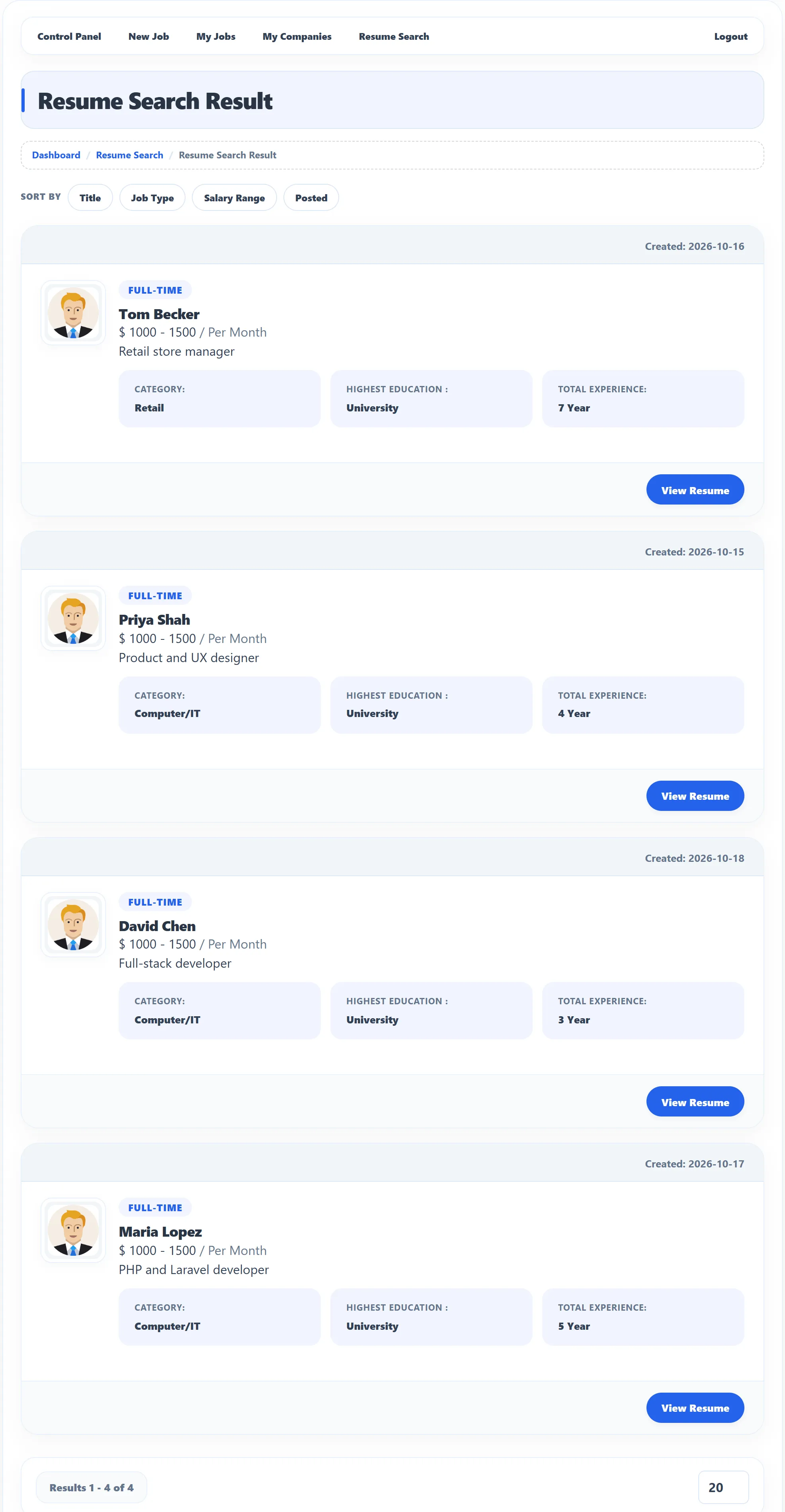 The Resume Search Result page with the Sort By buttons (Title, Job Type, Salary Range, Posted) and four resumes (Tom Becker, Priya Shah, David Chen, Maria Lopez), each with job type, salary, title, category, highest education, total experience and a View Resume button.