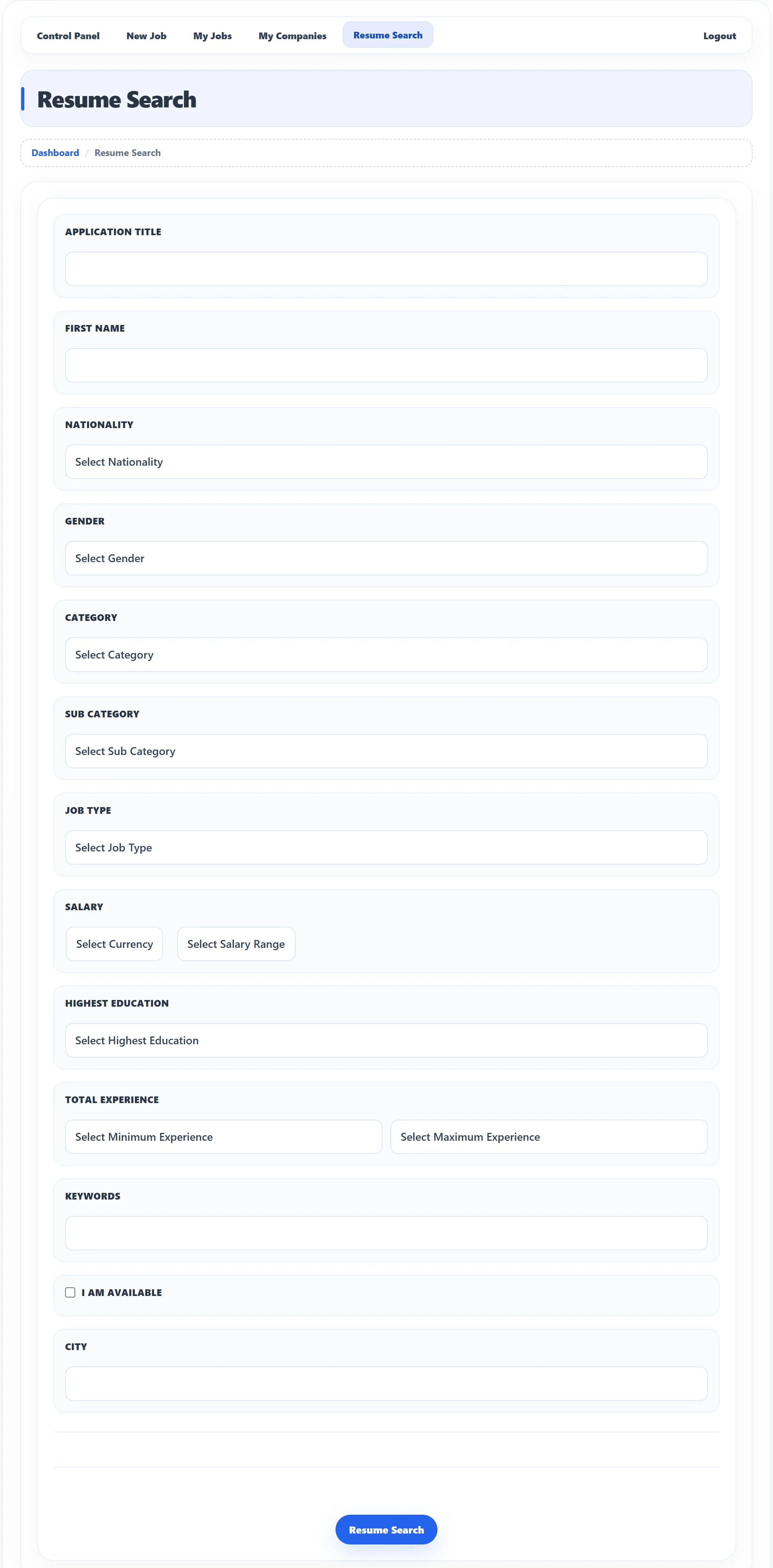 The Resume Search form: Application Title, First Name, Nationality, Gender, Category, Sub Category, Job Type, Salary (currency and range), Highest Education, Total Experience (minimum and maximum), Keywords, I am available and City, with the Resume Search button.