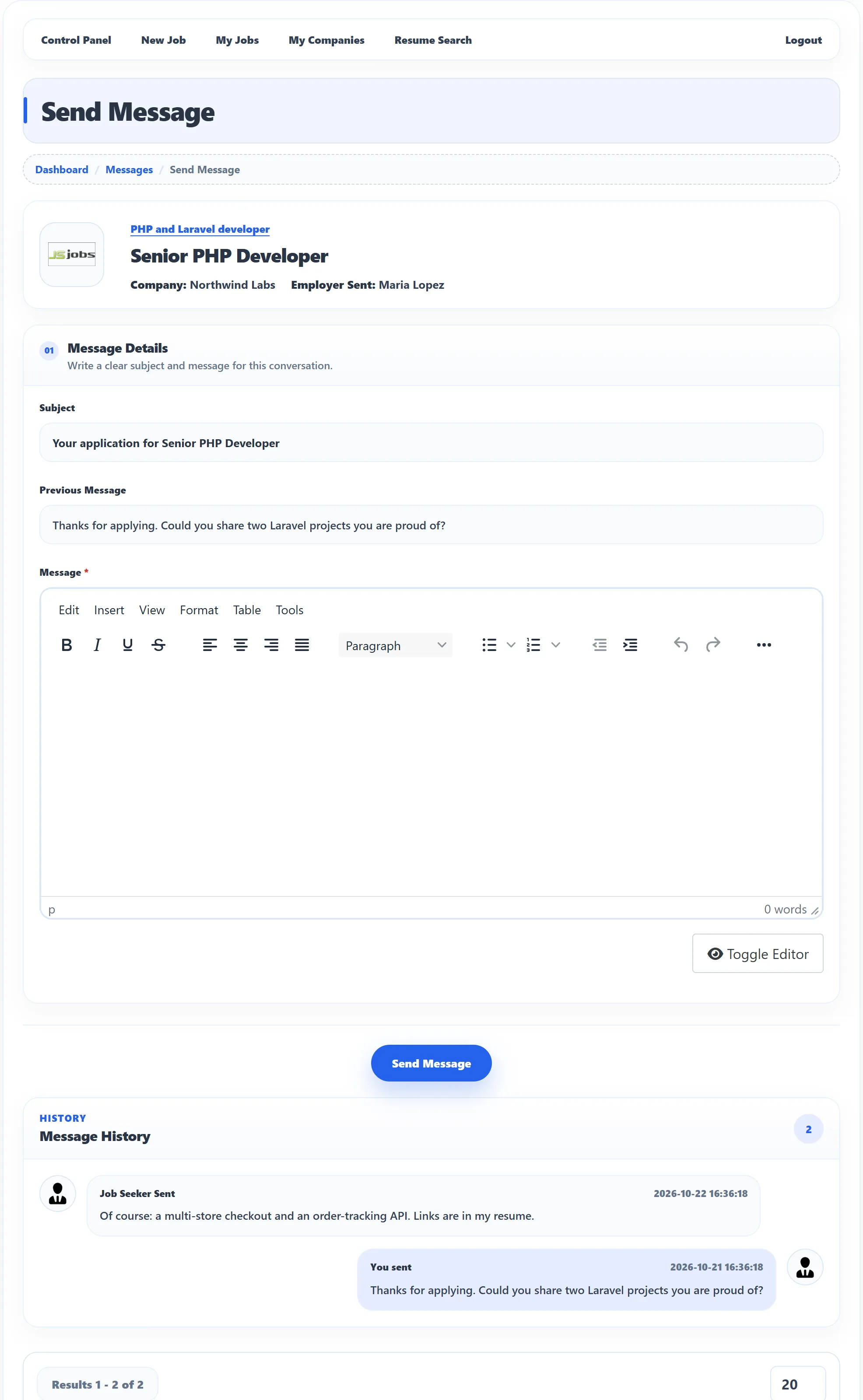 The Send Message page for the PHP and Laravel developer resume and the Senior PHP Developer job: the header with the company and Maria Lopez, the Message Details form with the Subject, the Previous Message and an empty Message editor, the Send Message button, and a Message History of two messages.