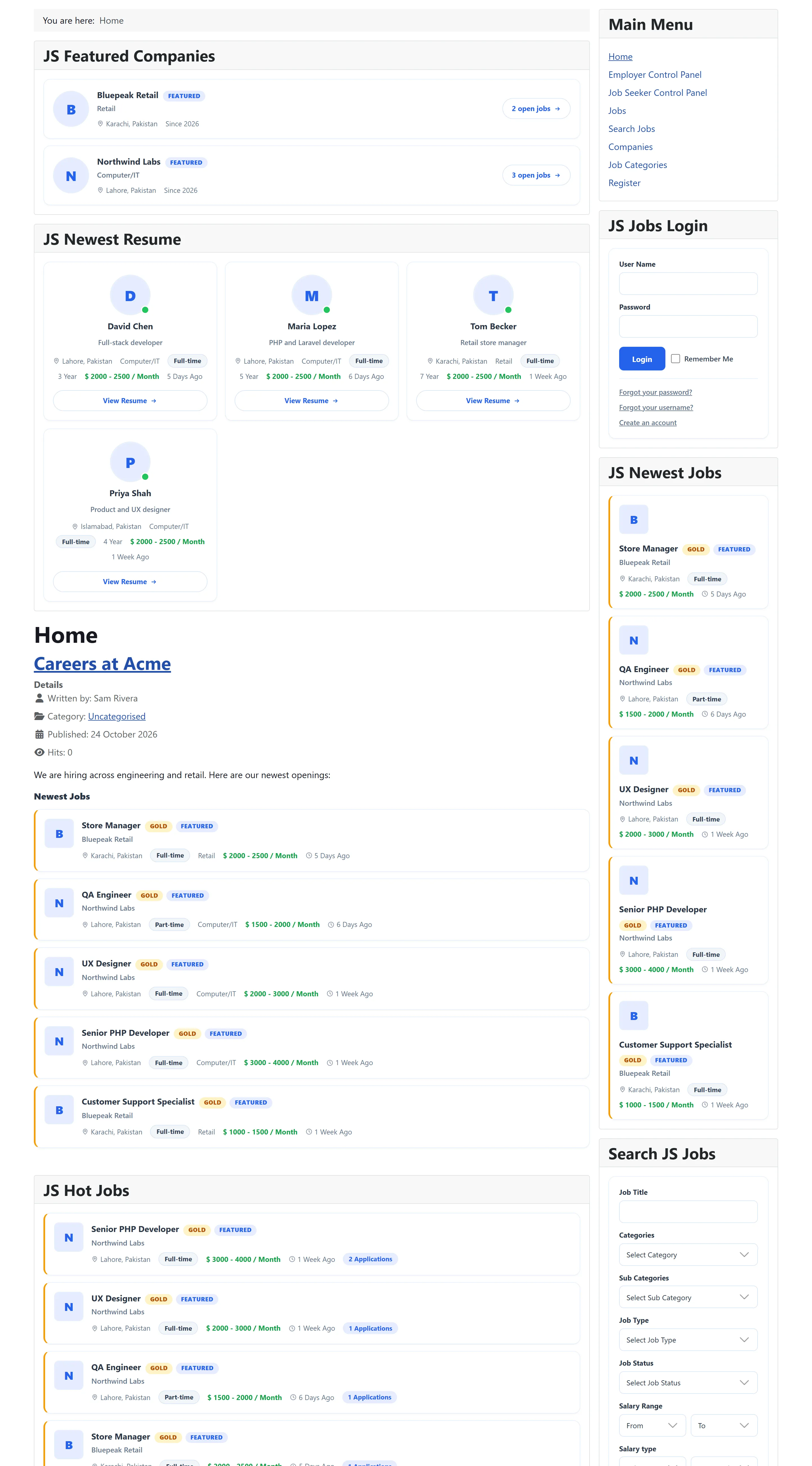The front page of the demo site: JS Featured Companies, JS Newest Resume and JS Hot Jobs in the main area (the Hot Jobs cards with application counts), and the Main Menu, JS Jobs Login, JS Newest Jobs and Search JS Jobs modules in the sidebar, with the demo jobs showing company initials, locations, job type chips, salaries and posted dates.