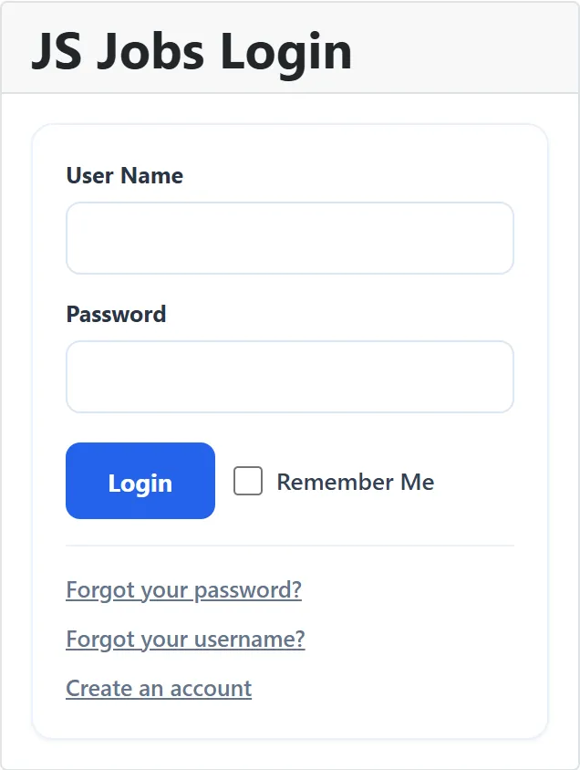 The JS Jobs Login module in the site’s sidebar for a visitor: User Name and Password boxes, Remember Me, the log-in button, and the forgotten password and username links.