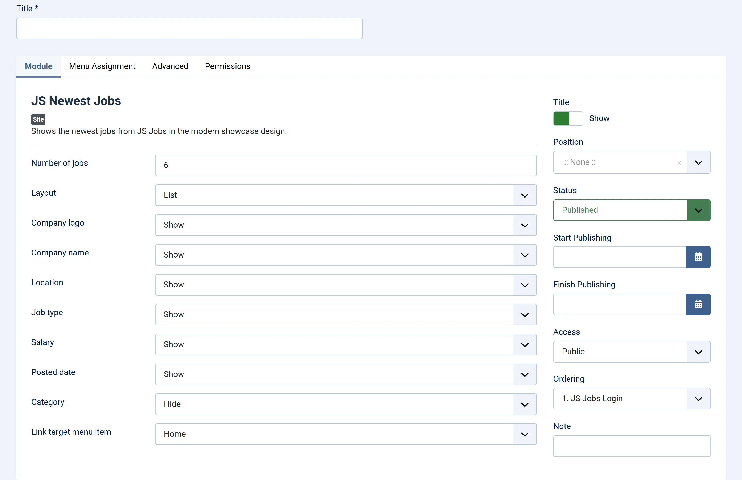 The JS Newest Jobs module form on Joomla’s Module tab: Number of jobs 6, Layout List, Company logo, Company name, Location, Job type, Salary and Posted date set to Show, Category set to Hide, and Link target menu item.