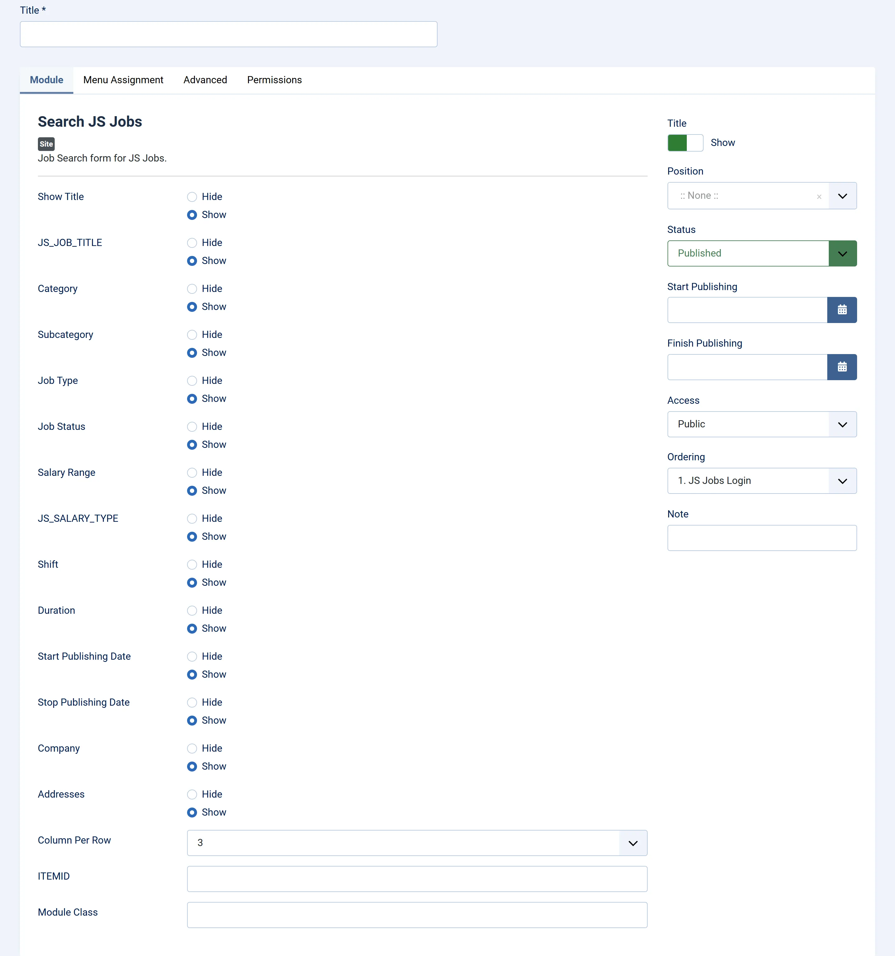 The Search JS Jobs module form in Joomla: Show Title and one Hide/Show switch per field, Column Per Row 3, and the Item ID and Module Class fields.