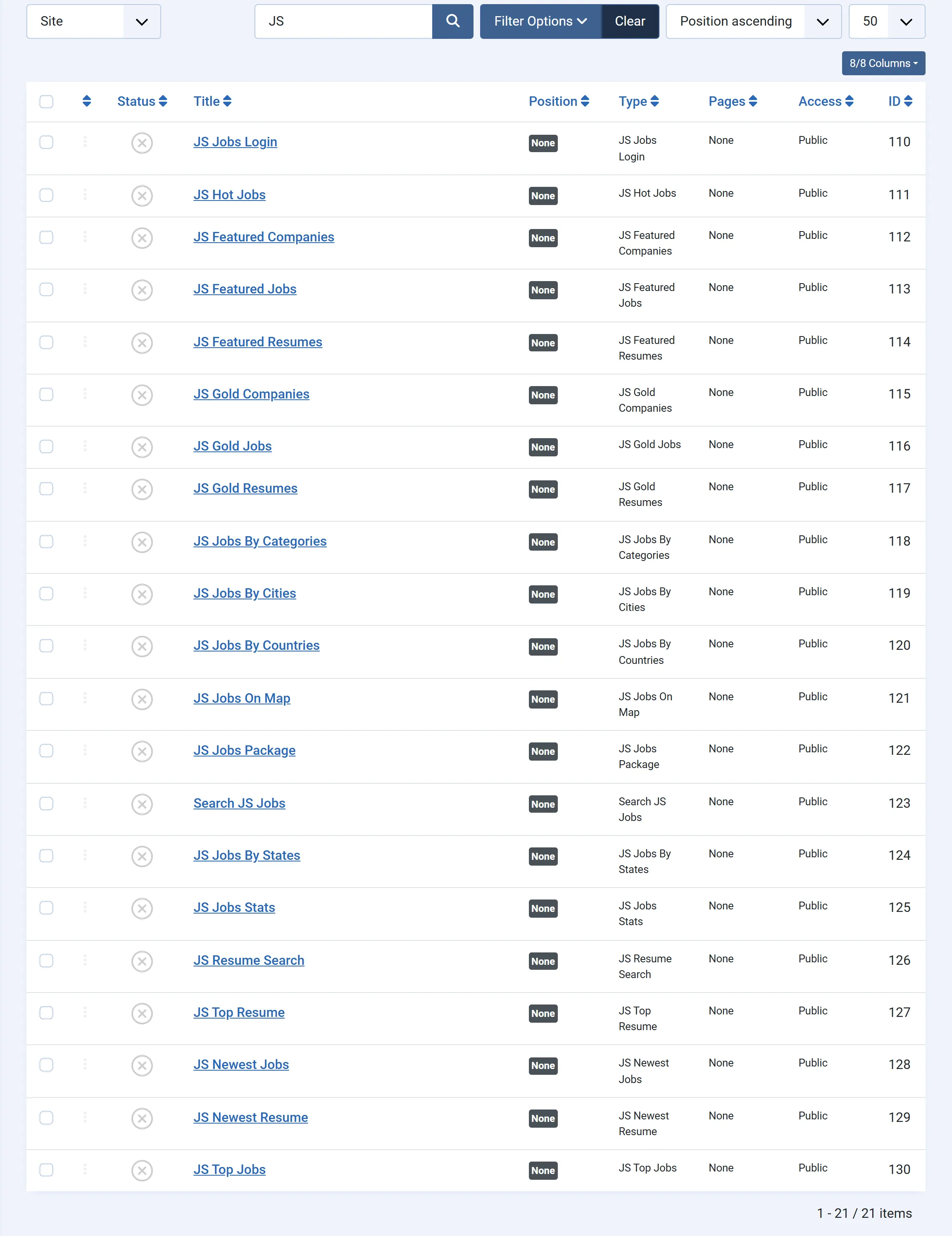 Joomla’s Modules (Site) list searched for “JS”, showing the 21 JS Jobs modules, all unpublished with no position.