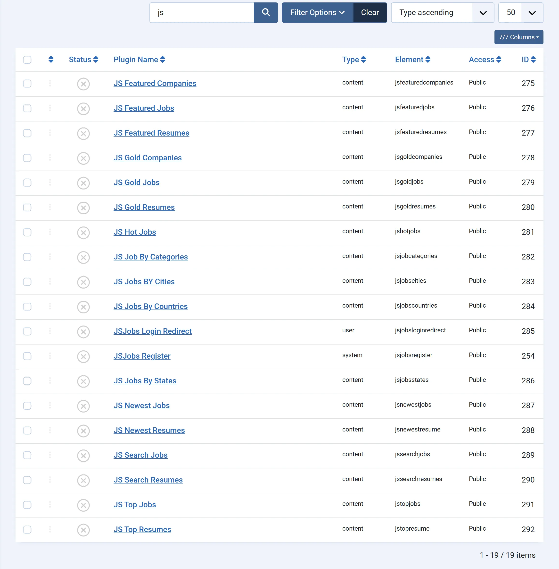 Joomla’s Plugins list searched for “js”, showing the 19 JS Jobs plugins, all disabled.