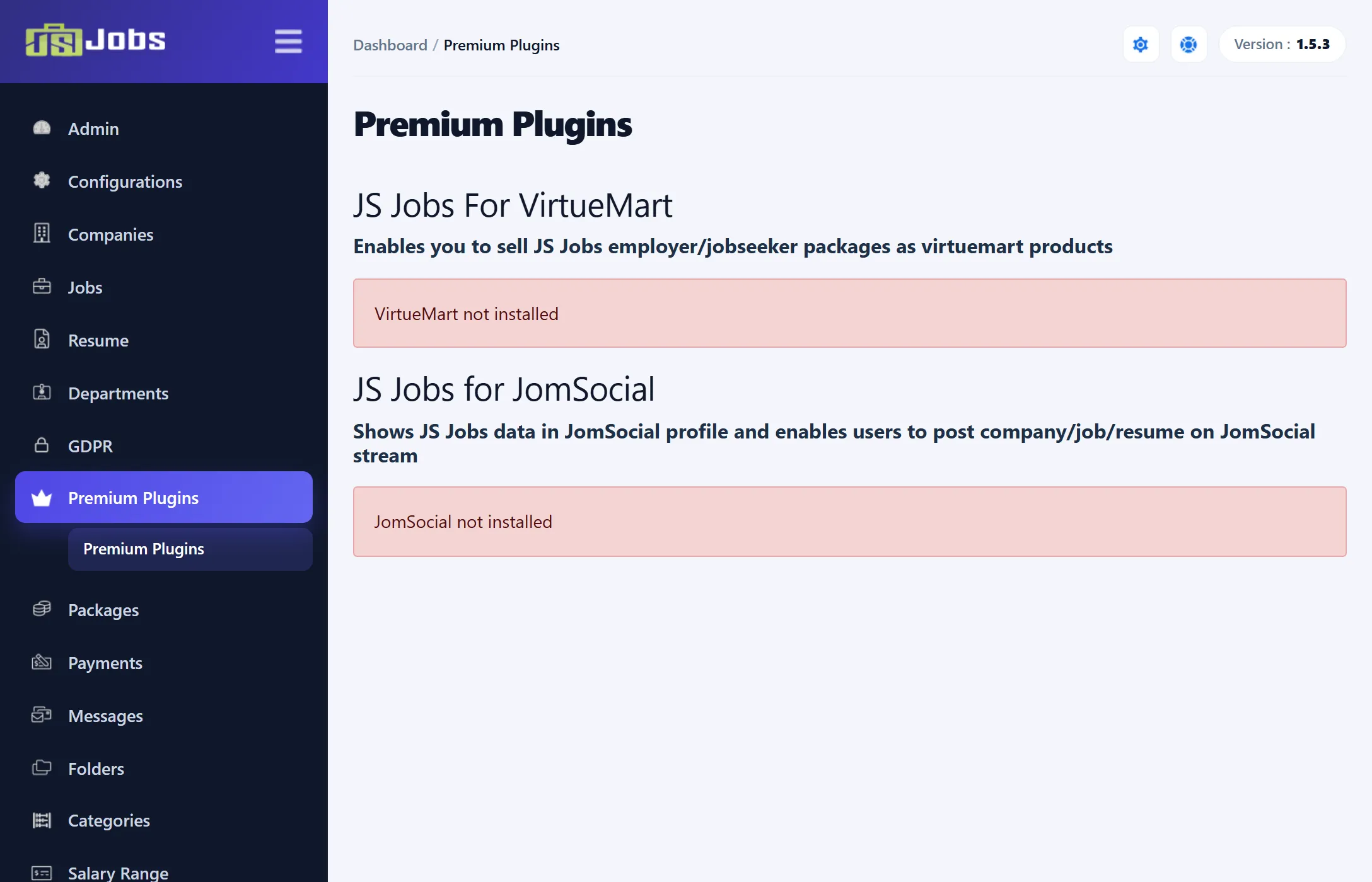 The Premium Plugins screen with two boxes: JS Jobs For VirtueMart, showing “VirtueMart not installed”, and JS Jobs for JomSocial, showing “JomSocial not installed”.
