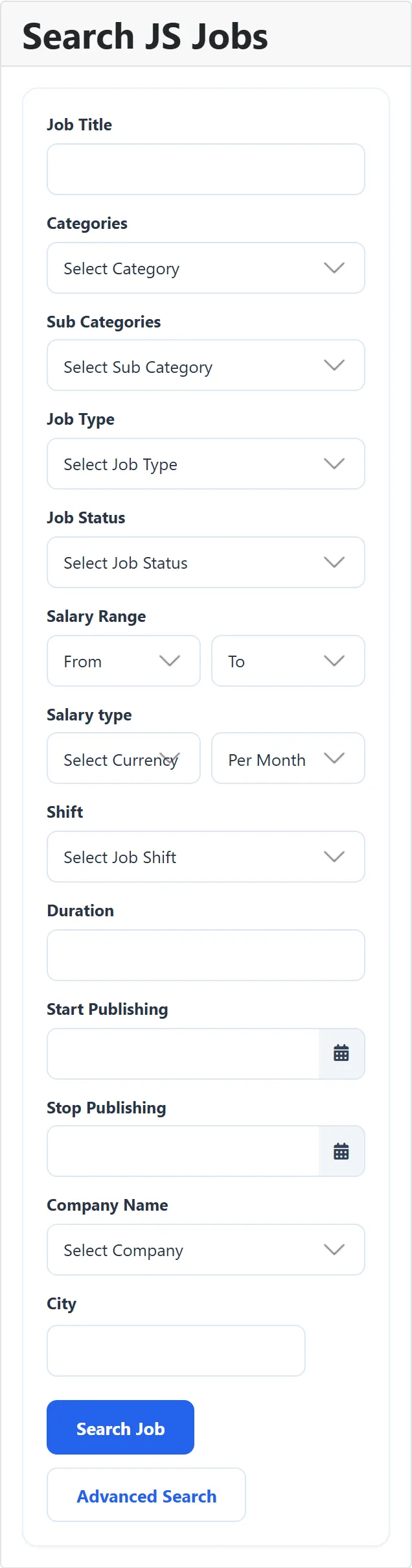 The Search JS Jobs module in the site sidebar with Job Title, Categories, Sub Categories, Job Type, Job Status, Salary Range, Salary type, Shift, Duration, Start Publishing, Stop Publishing, Company Name and City fields, a Search Job button and an Advanced Search link.