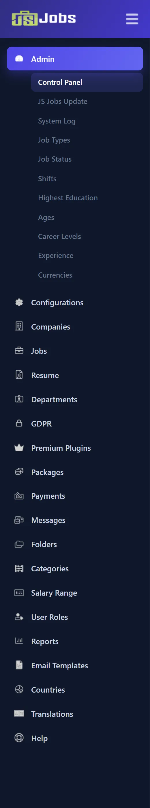 The JS Jobs left menu with its sections from Admin to Help.