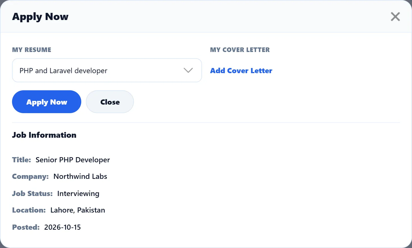 The Apply Now window on the Senior PHP Developer job, with the resume and cover letter lists and the Apply Now and Close buttons.