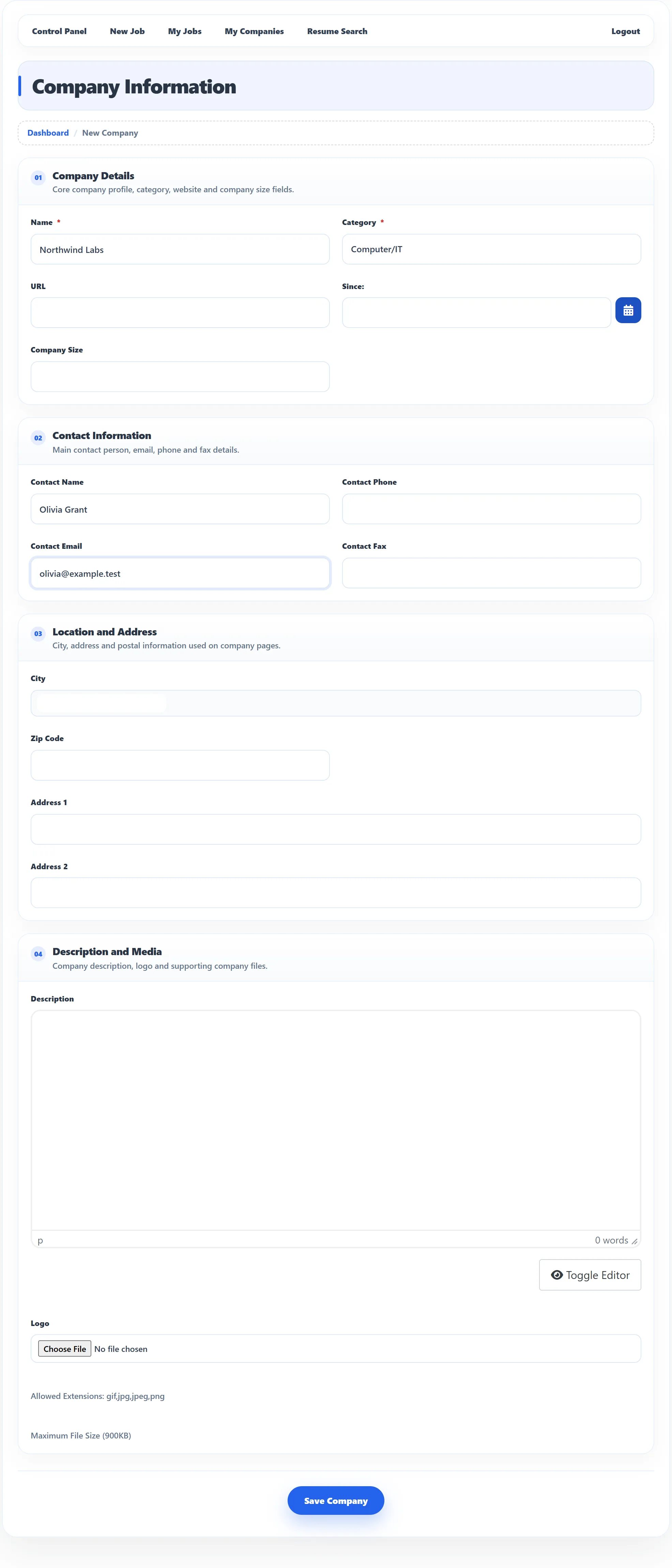 The company form as Olivia Grant sees it, with the company name, category, contact e-mail, location and logo fields, and the Save Company button.