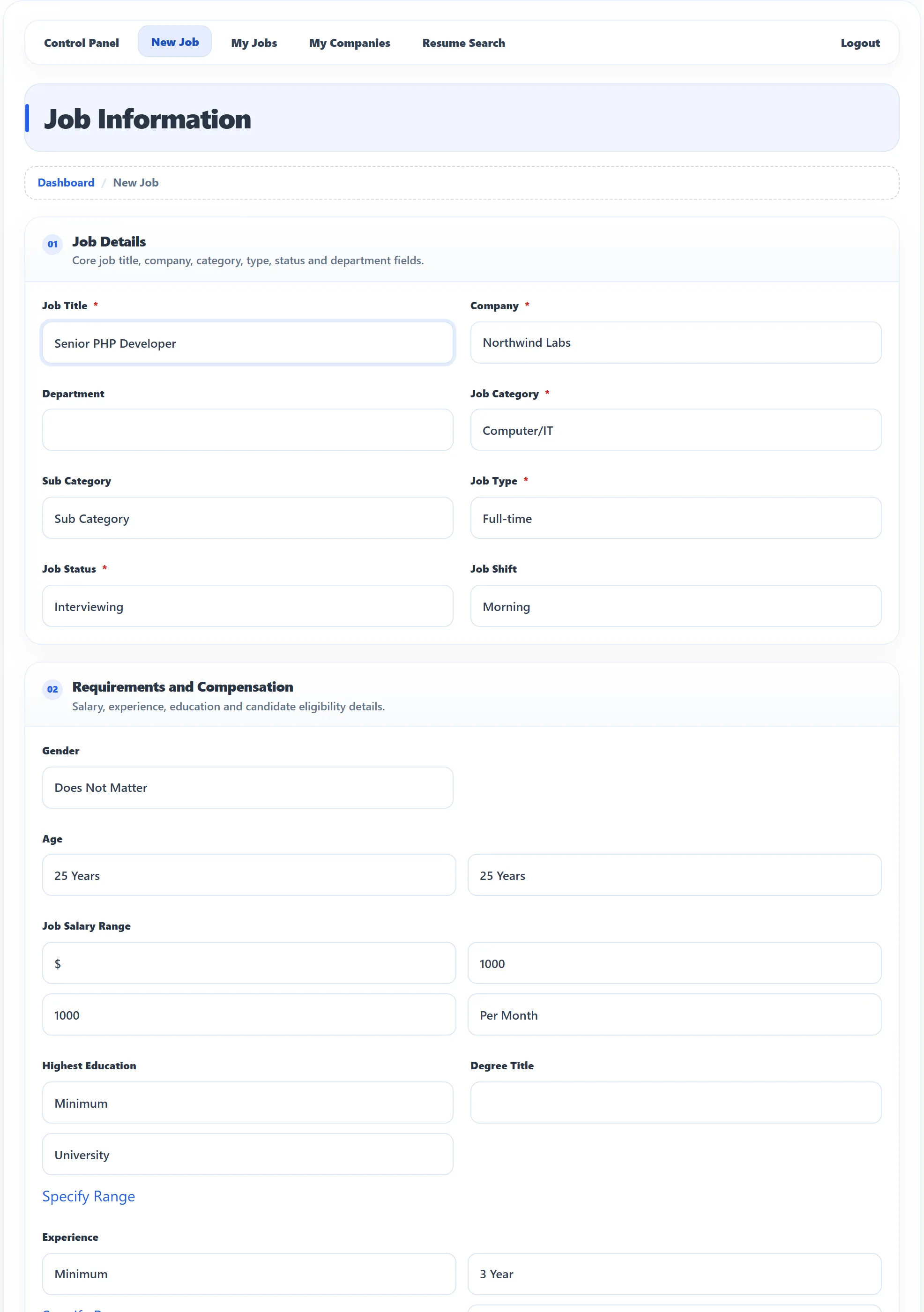 The New Job form as Olivia Grant sees it, with the company list, job title, category, job type and the other job details.