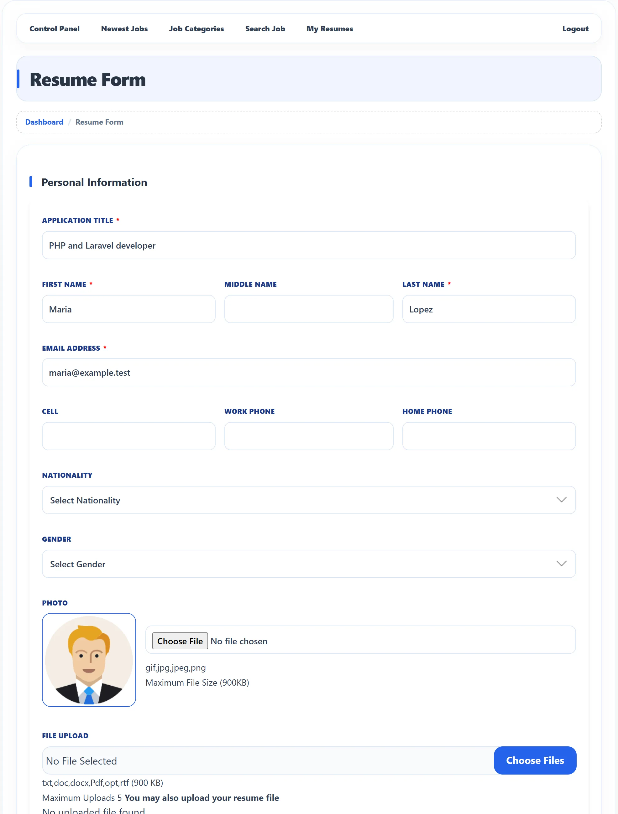 The resume form as Maria Lopez sees it, starting with the personal information section.