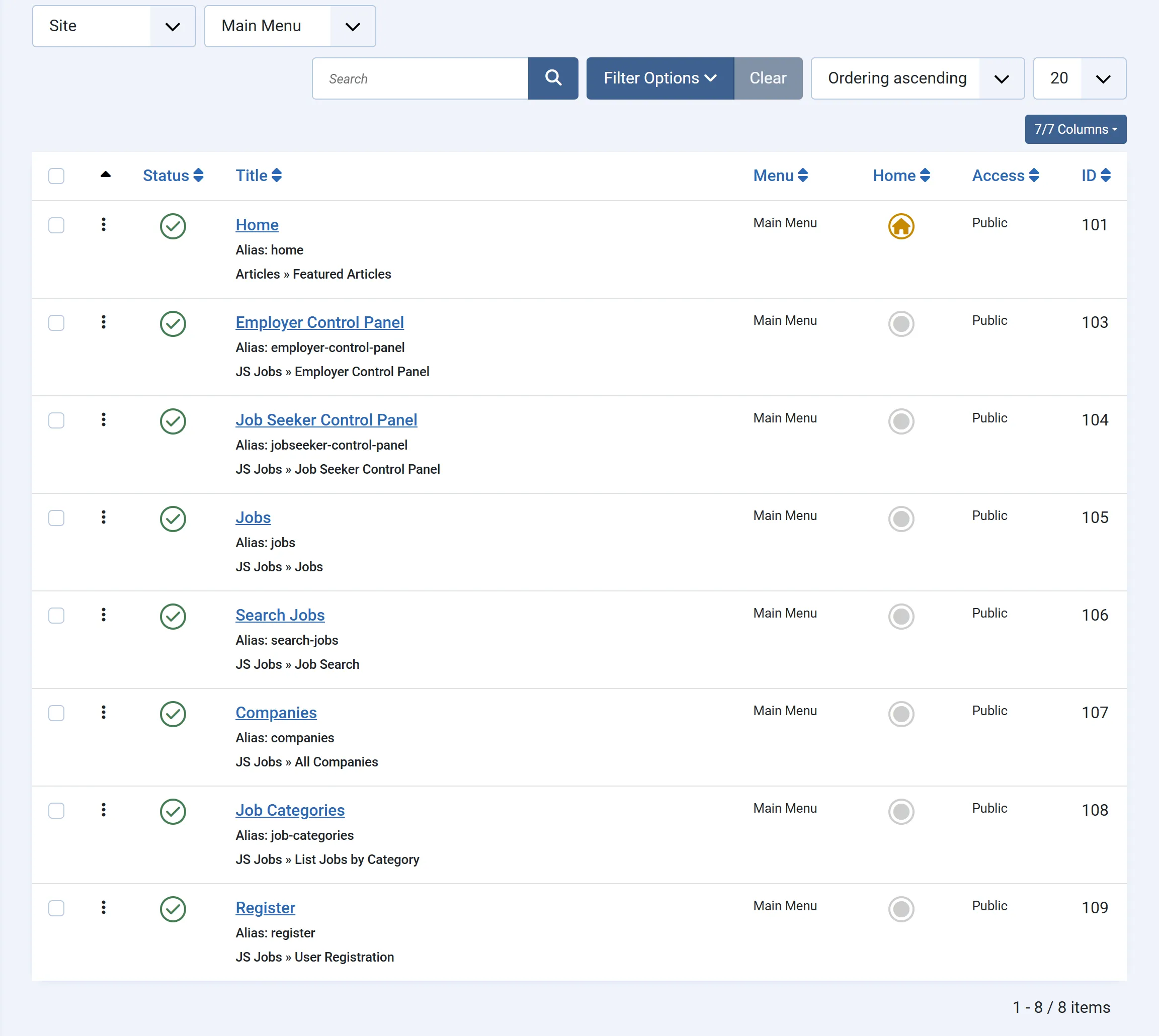 The demo’s Main Menu in Joomla’s administrator: Home, Employer Control Panel, Job Seeker Control Panel, Jobs, Search Jobs, Companies, Job Categories and Register, each with its JS Jobs menu item type.