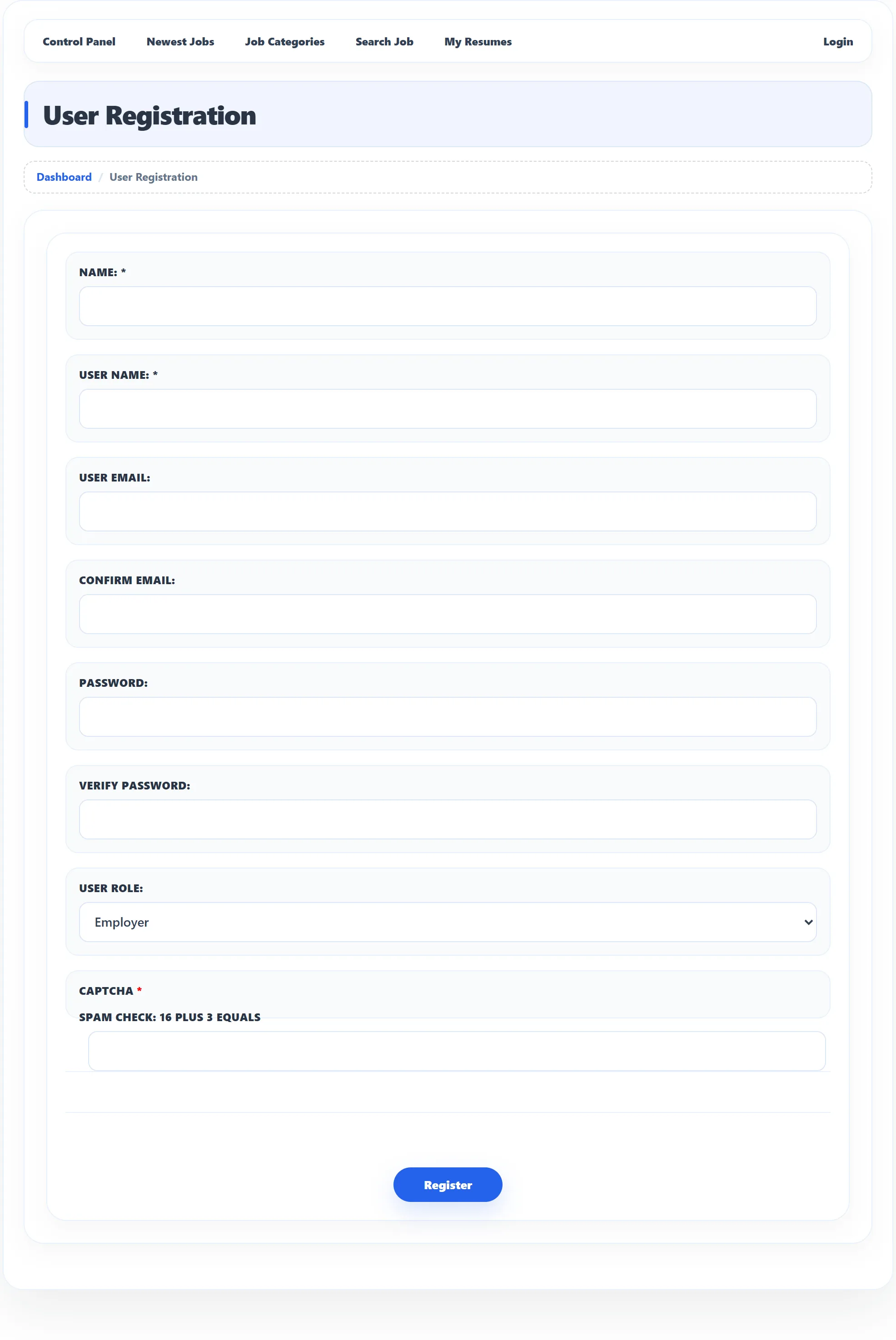 The User Registration page with the name, username, e-mail and password boxes, the User Role list offering Employer and Job Seeker, the captcha and the Register button.