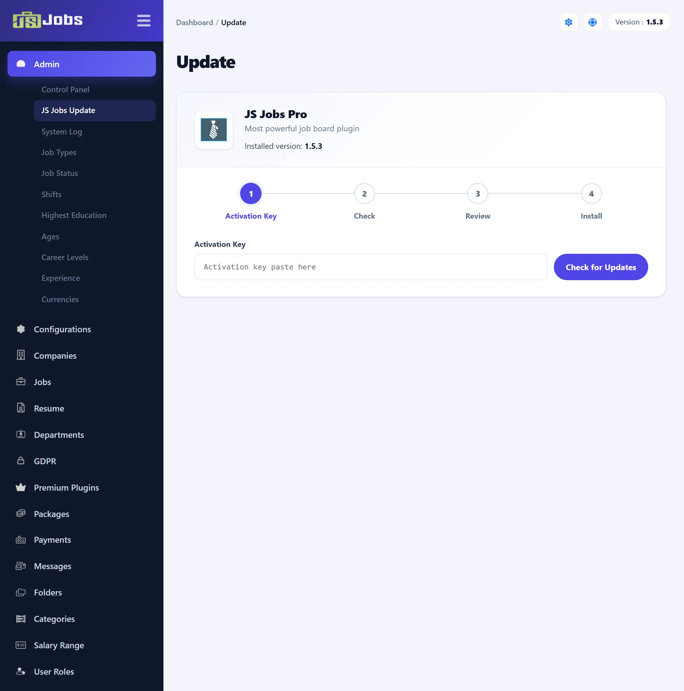 The Update screen: JS Jobs Pro with the installed version, the four steps Activation Key, Check, Review and Install, the Activation Key box and the Check for Updates button.