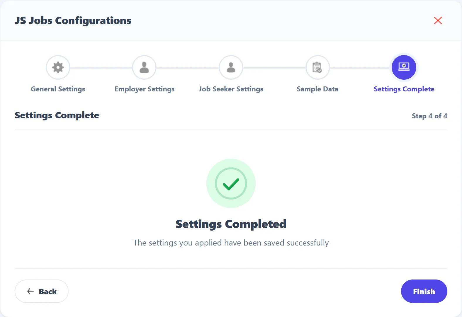 The Settings Complete step: a check mark, “Settings Completed” and the Finish and Back buttons.