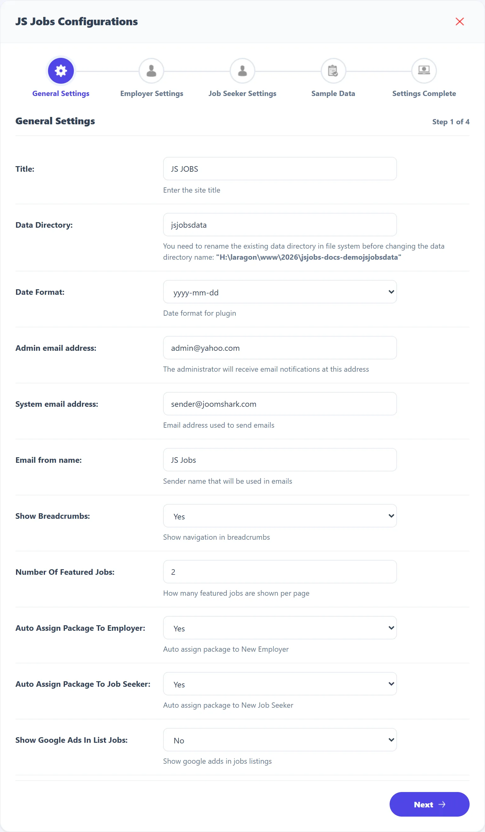 Wizard step 1, General Settings: Title, Data Directory, Date Format, the e-mail addresses and sender name, Show breadcrumbs, Number Of Featured Jobs, the two Auto Assign Package settings and Show Google Ads In List Jobs.