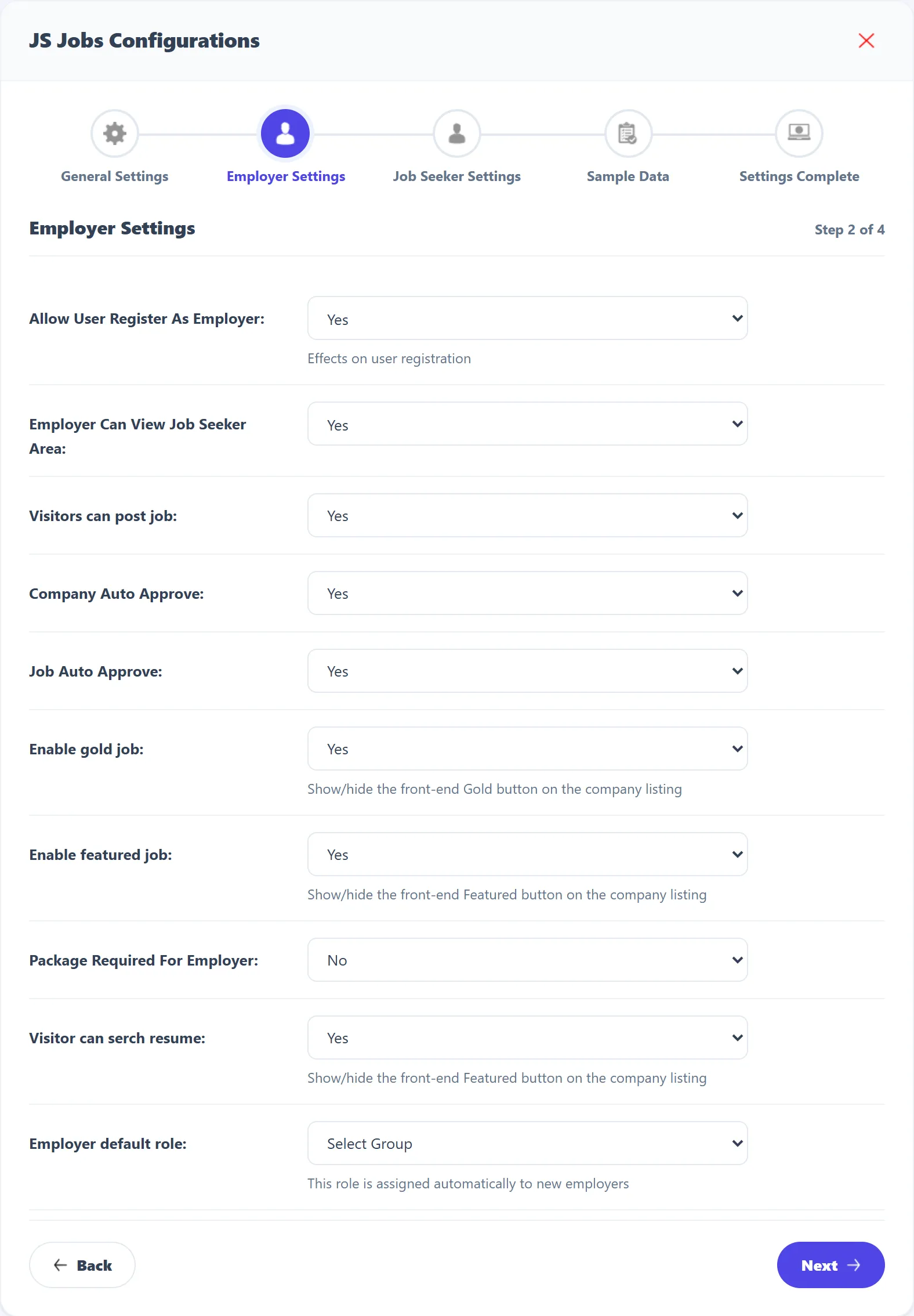 Wizard step 2, Employer Settings, with ten settings from Allow User Register As Employer to Employer default role.