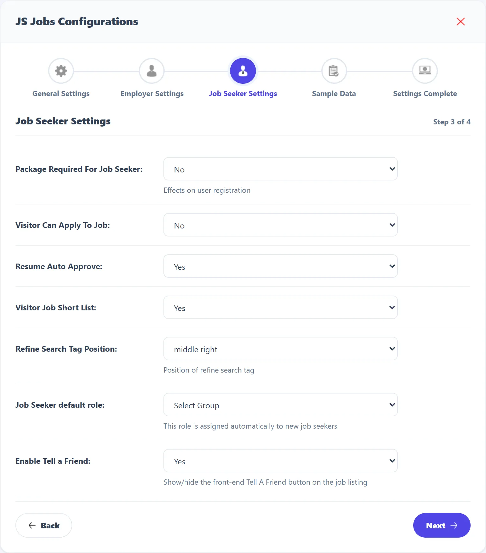 Wizard step 3, Job Seeker Settings, with seven settings from Package Required For Job Seeker to Enable Tell a Friend.