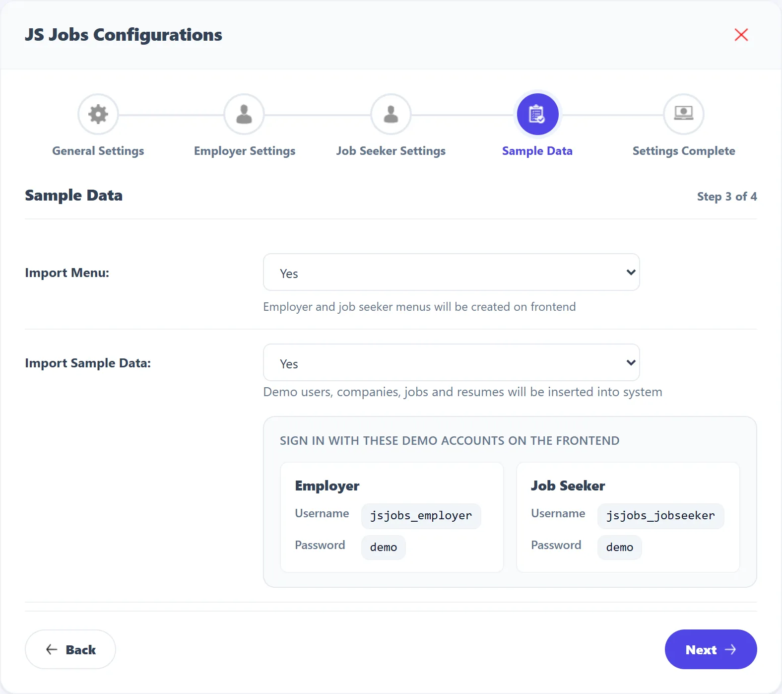 Wizard step 4, Sample Data: Import Menu and Import Sample Data, both Yes, and the two demo accounts jsjobs_employer and jsjobs_jobseeker with the password demo.