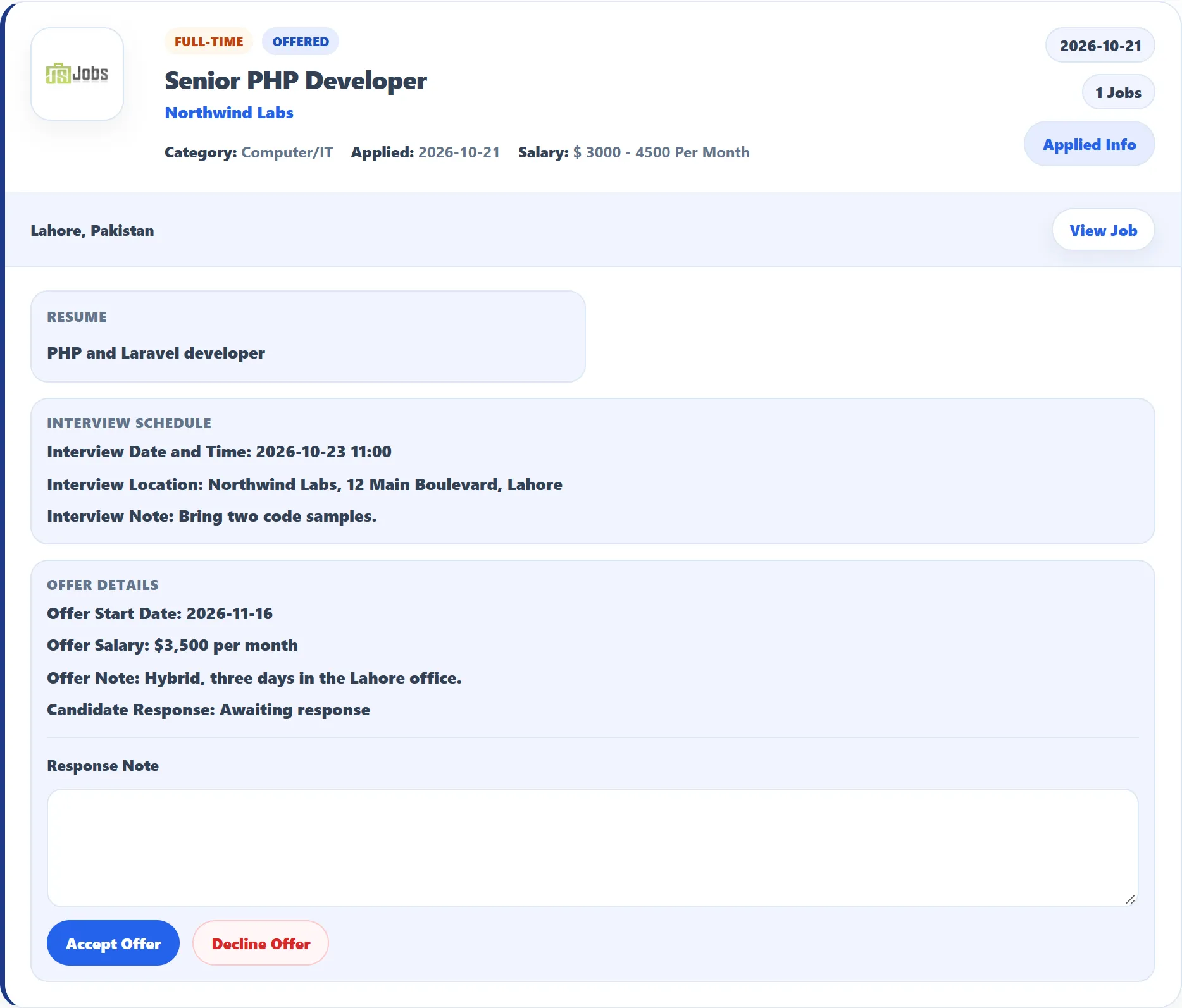The Applied Info panel for Senior PHP Developer: the resume PHP and Laravel developer, the Interview Schedule with date, location and note, and the Offer Details with start date, salary, note, Candidate Response Awaiting response, a Response Note box and the Accept Offer and Decline Offer buttons.