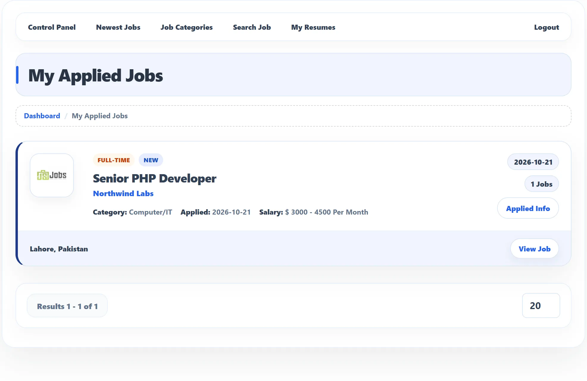 Maria Lopez’s My Applied Jobs page with one application: Senior PHP Developer at Northwind Labs, with the Full-time and New badges, the category, the date she applied and the salary, the Applied Info and View Job buttons, and Lahore, Pakistan.