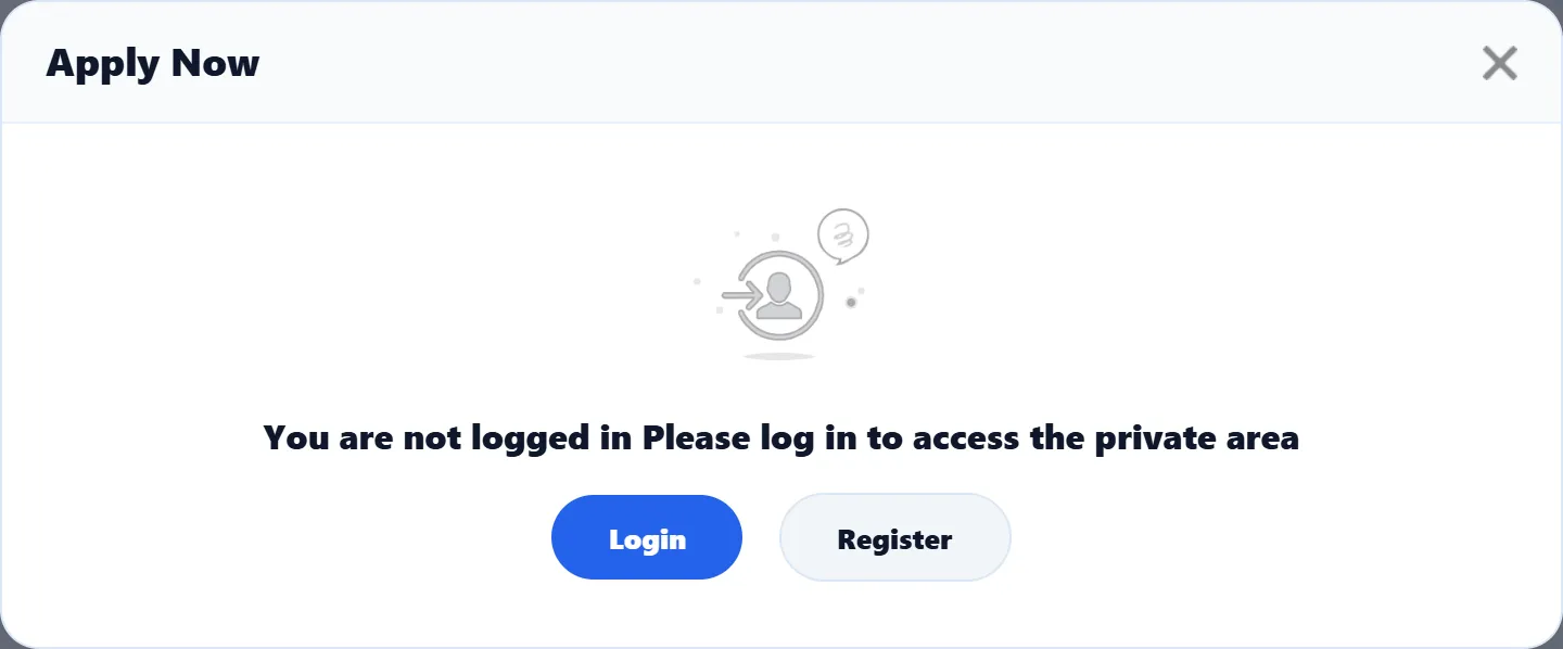 The Apply Now box for a visitor: You are not logged in Please log in to access the private area, with Login and Register buttons.