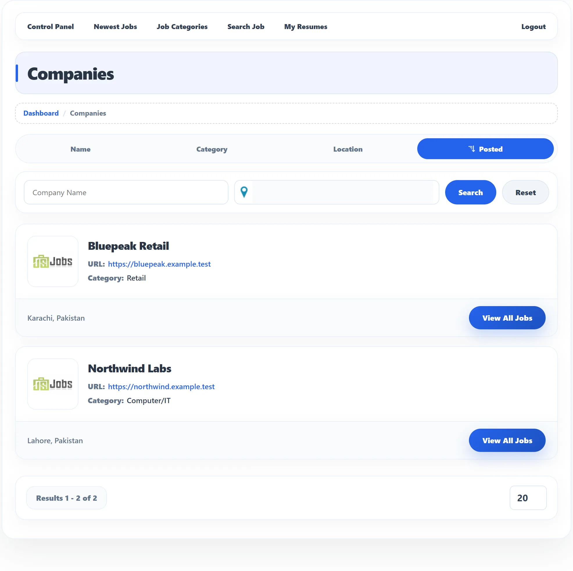 The Companies list: the Name, Category, Location and Posted sort buttons, the Company Name and city search boxes with Search and Reset, and Bluepeak Retail and Northwind Labs, each with its website, category, city and a View All Jobs button.