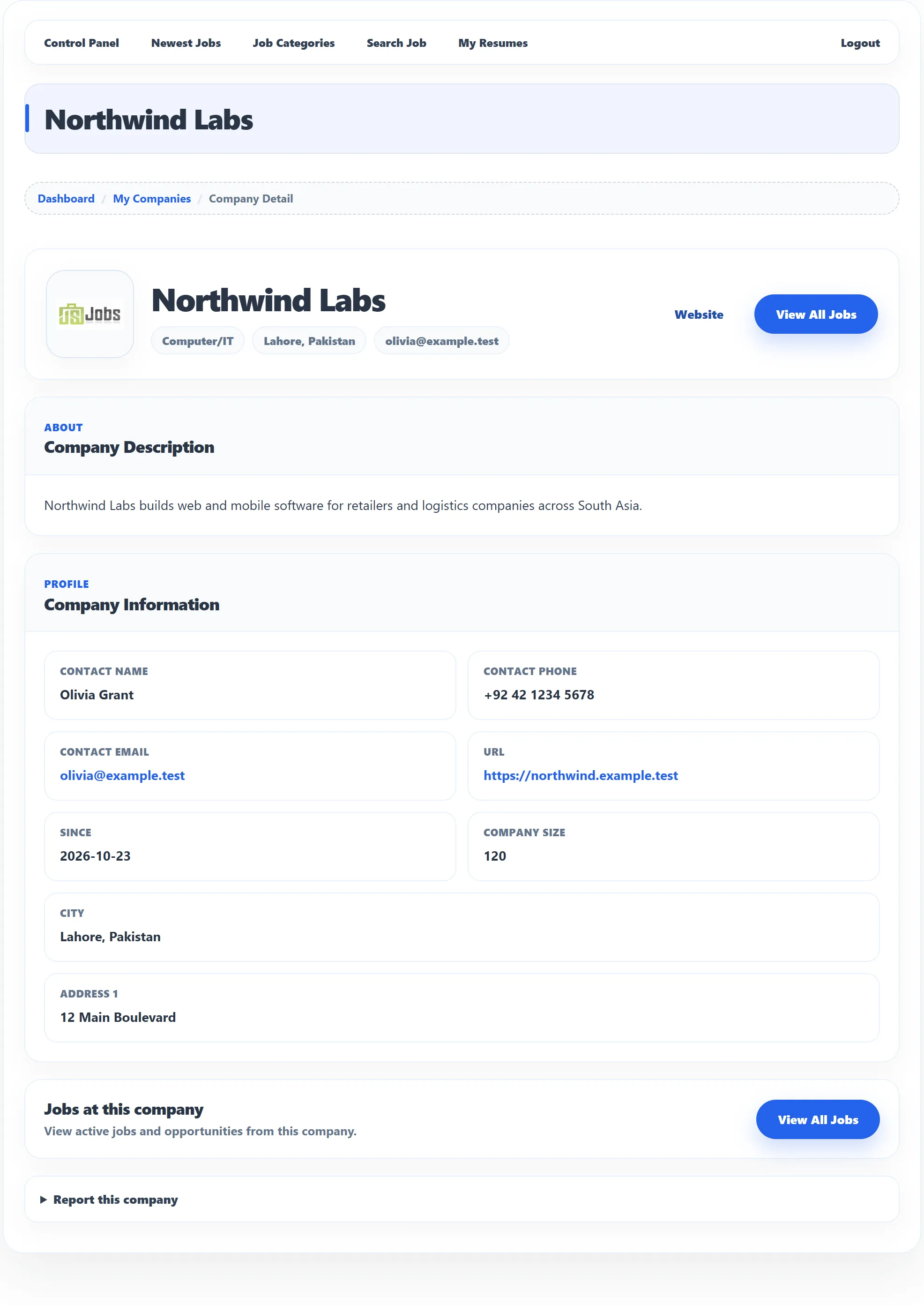 Northwind Labs’ company page: the header with Computer/IT, Lahore, Pakistan and olivia@example.test, the Website button, the Company Description, the Company Information details, Jobs at this company with View All Jobs, and Report this company.