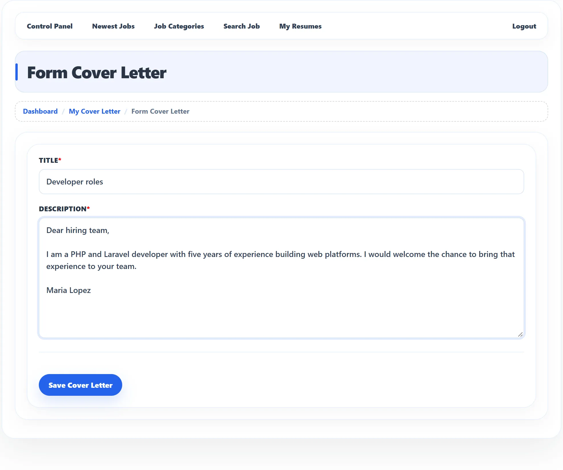 The Form Cover Letter page with the Title box filled in with Developer roles, the Description box with a short letter, and the Save Cover Letter button.
