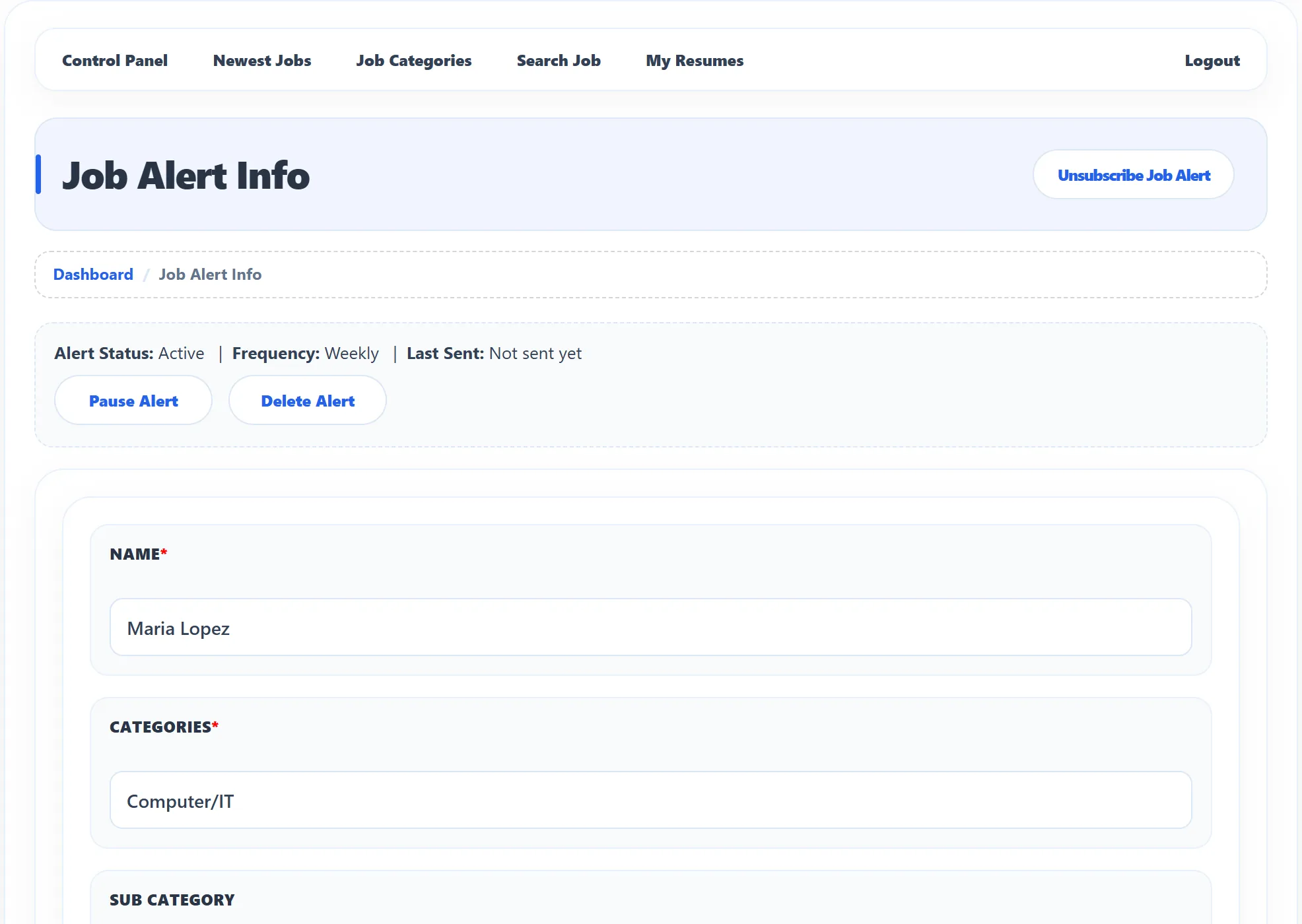 The Job Alert Info page for an existing alert: Alert Status Active, Frequency Weekly, Last Sent Not sent yet, with the Pause Alert and Delete Alert buttons above the filled-in form.