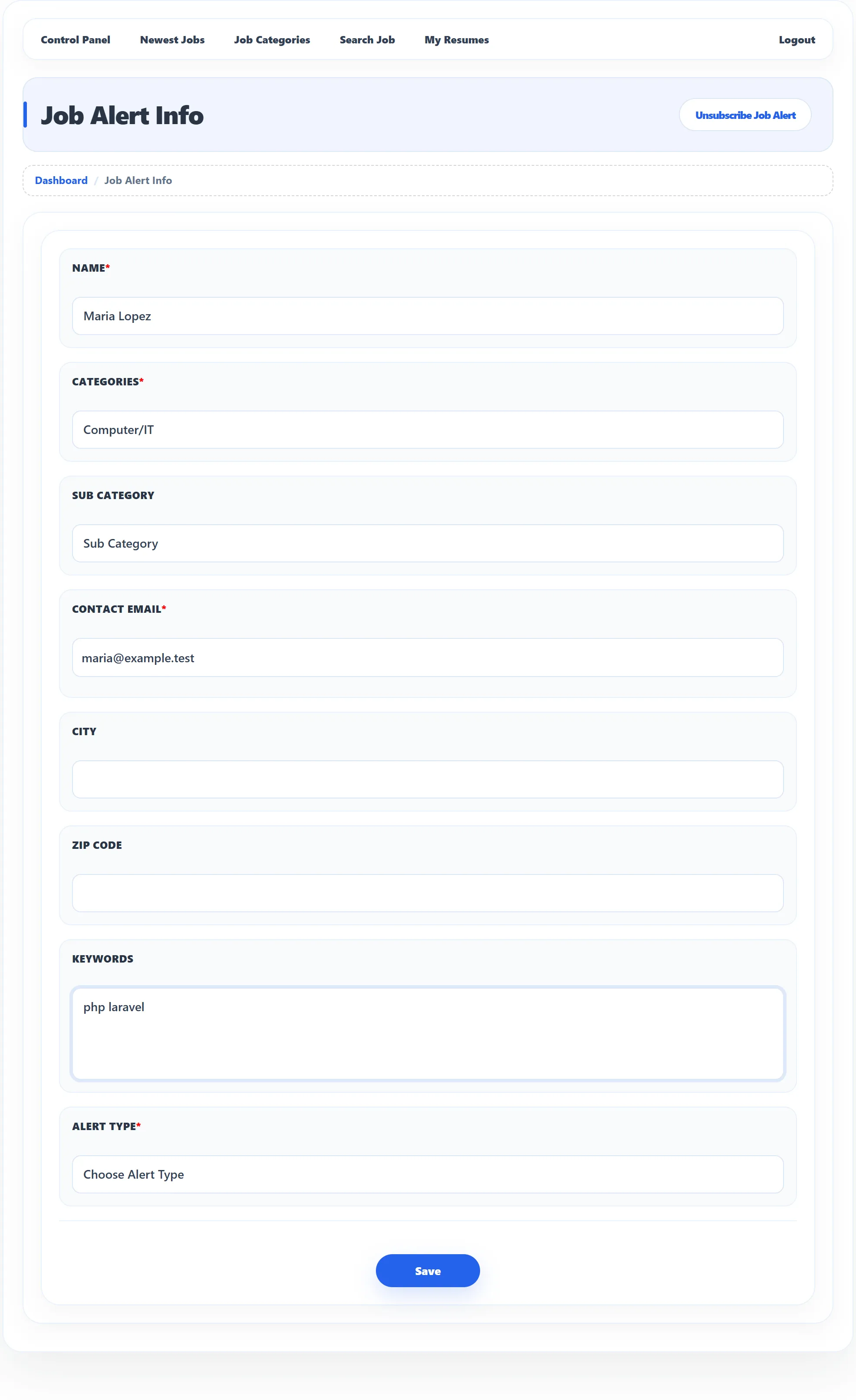 The Job Alert Info form: Name, Categories set to Computer/IT, Sub Category, Contact Email, City, Zip Code, Keywords, Alert Type, and the Save button, with Unsubscribe Job Alert at the top right.