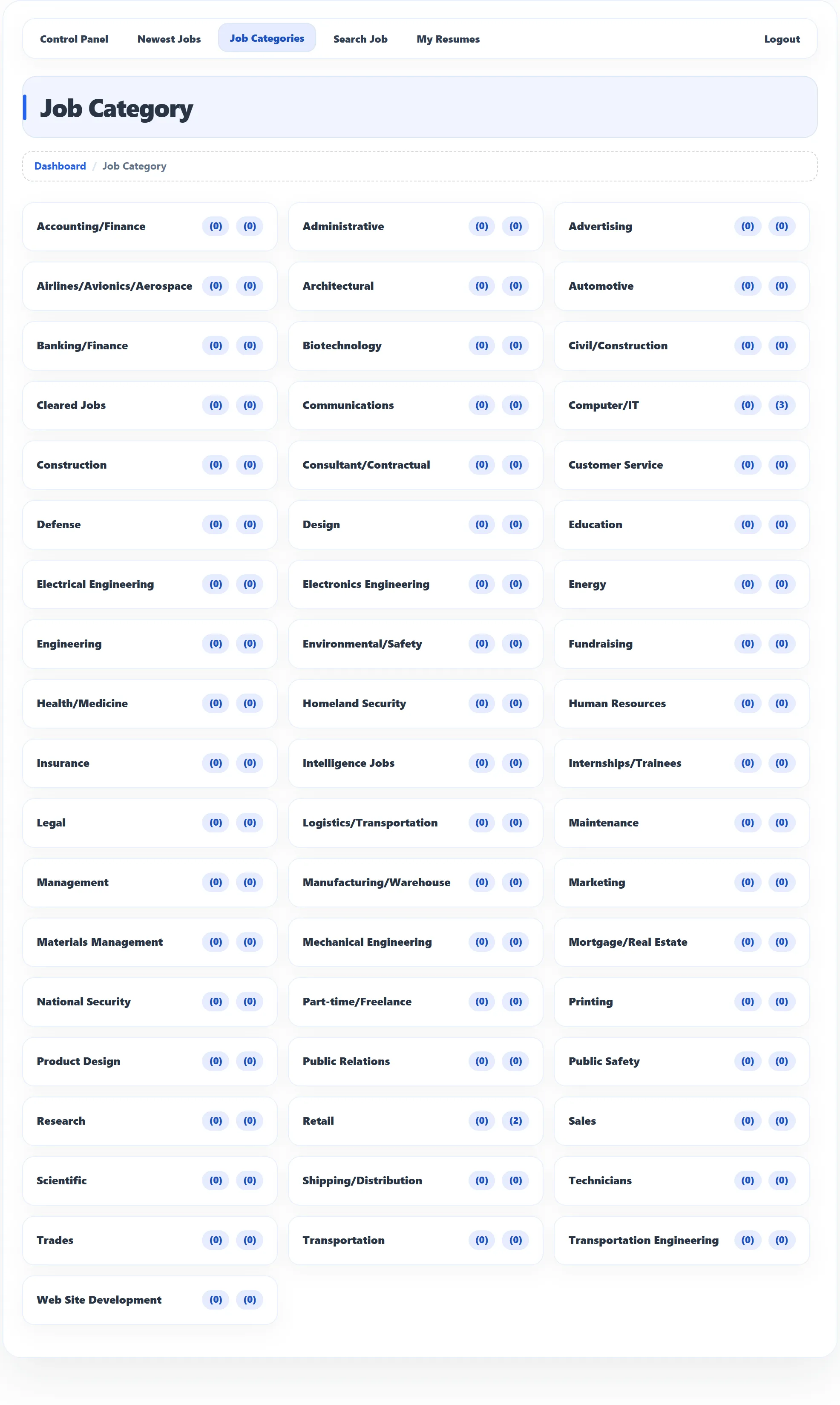The Job Category page: categories from Accounting/Finance to Web Site Development in three columns, each with two counts, Computer/IT showing (3) and Retail showing (2).
