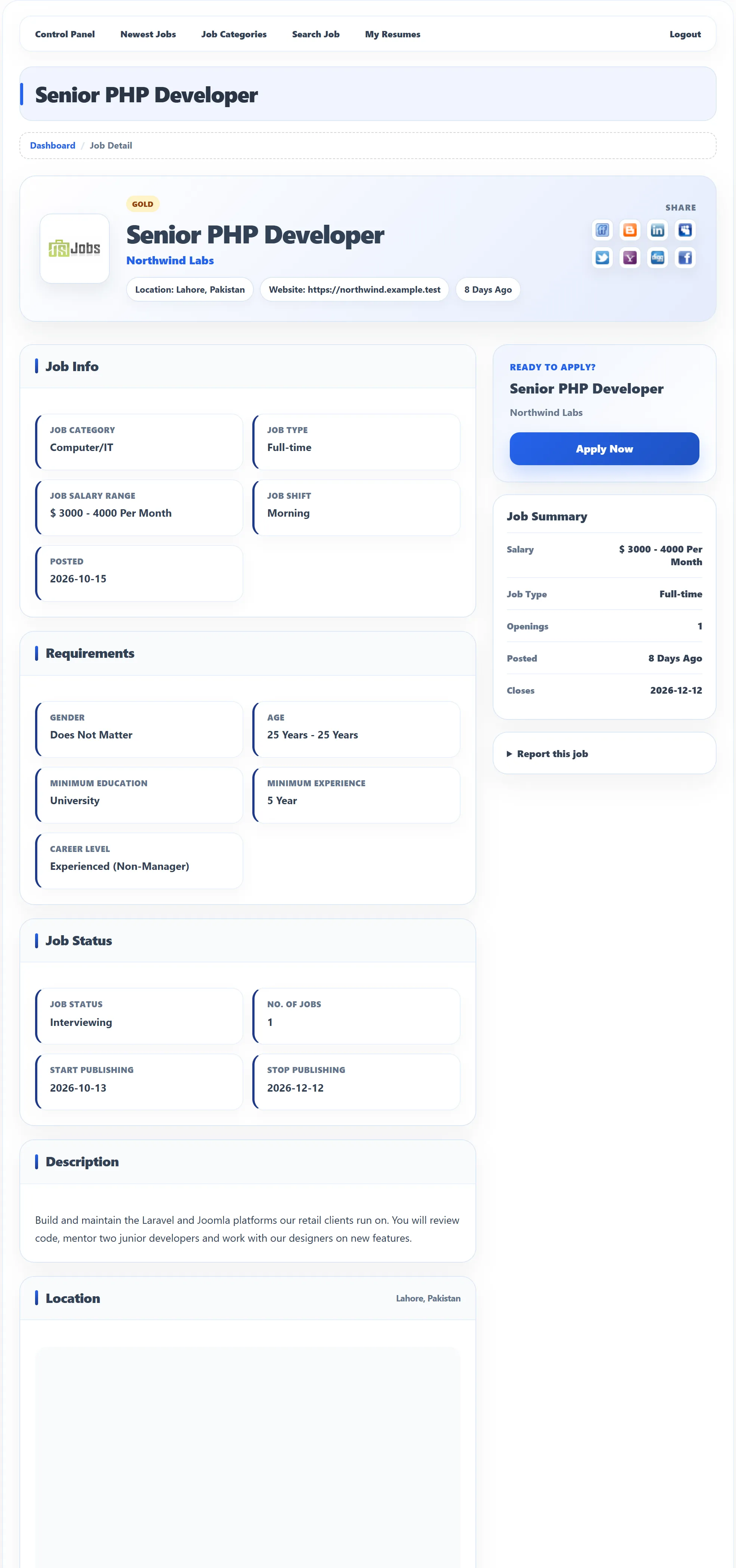 The Senior PHP Developer page: the header with the Northwind Labs logo, location, website and posting age, the Share icons, the Job Info, Requirements, Job Status, Description and Location sections, and on the right Ready to apply? with Apply Now, the Job Summary and Report this job.