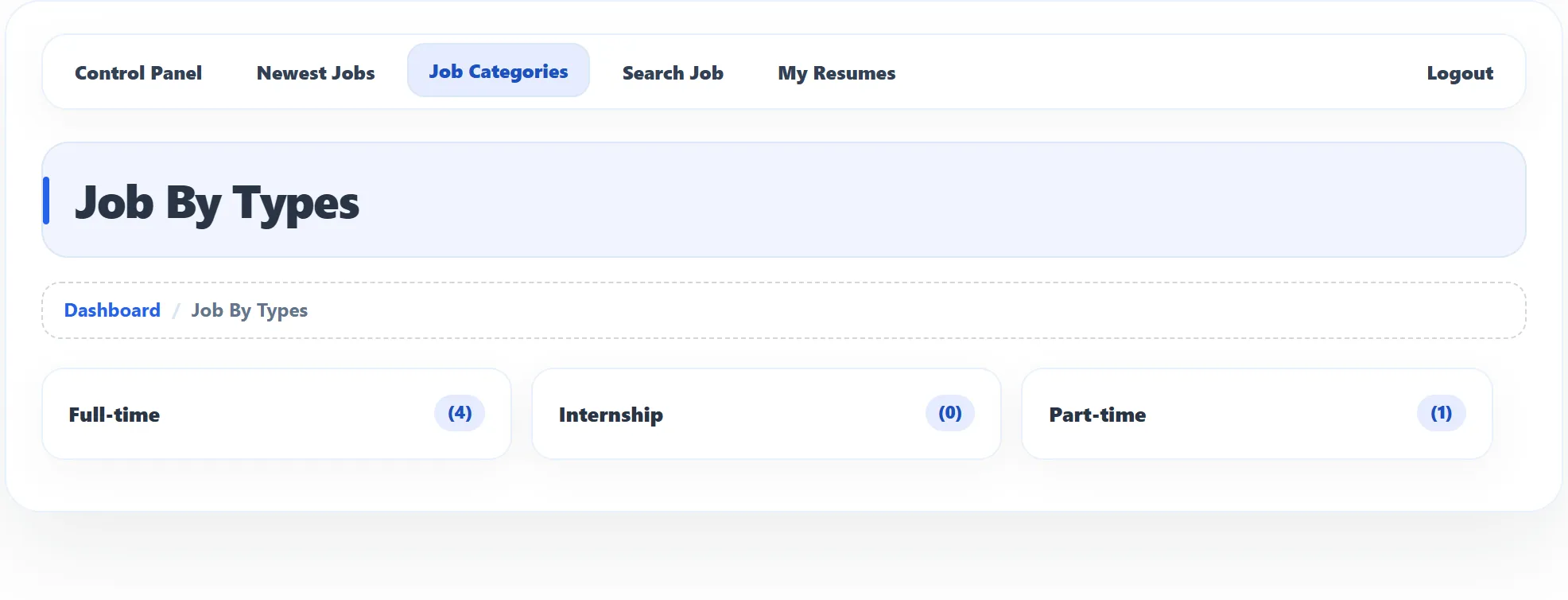 The Job By Types page with Full-time (4), Internship (0) and Part-time (1).