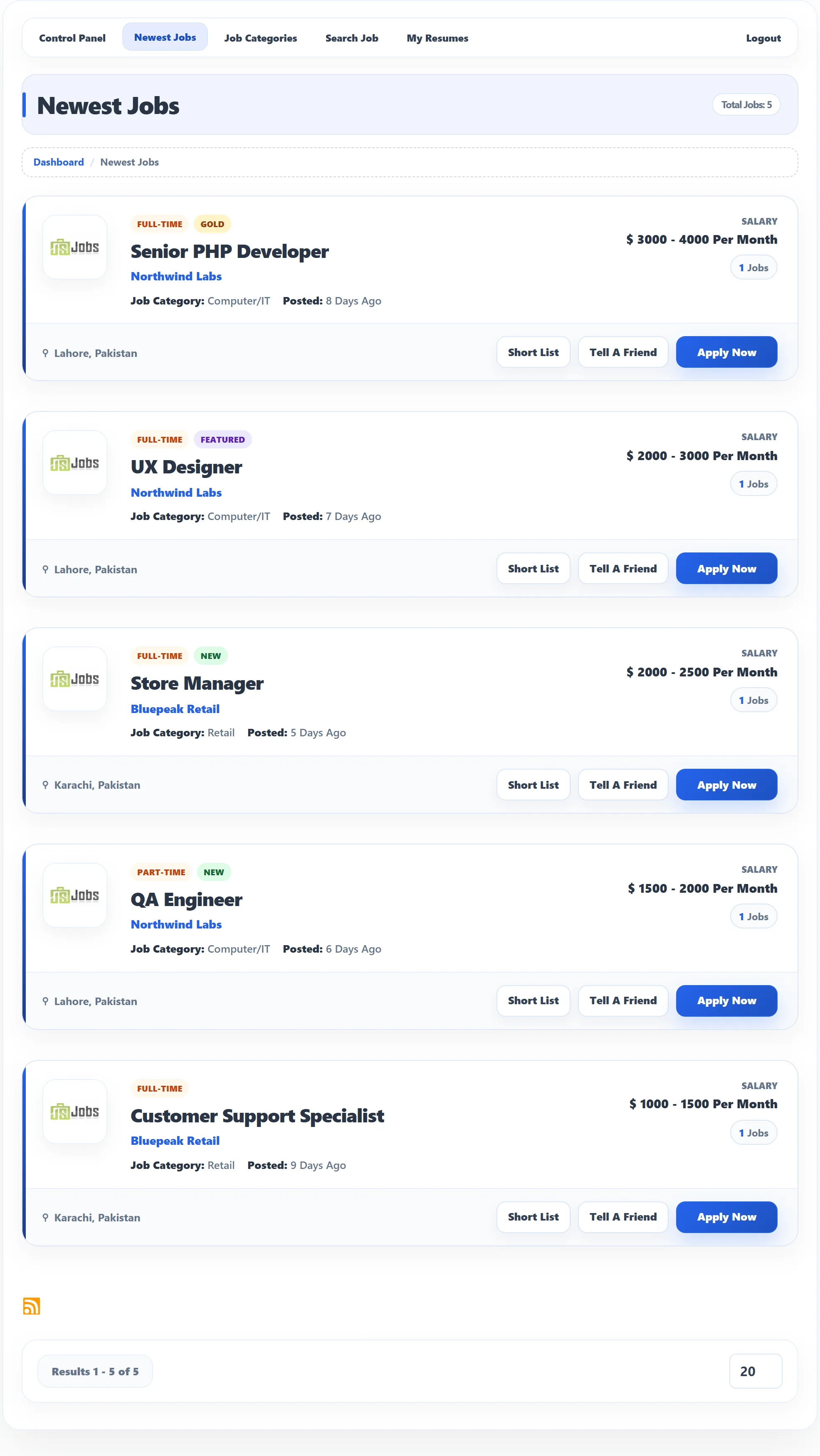 The Newest Jobs list with Total Jobs: 5: Senior PHP Developer (Gold), UX Designer (Featured), Store Manager, QA Engineer and Customer Support Specialist, each with its type, company, category, posting age, salary, location and the Short List, Tell A Friend and Apply Now buttons.