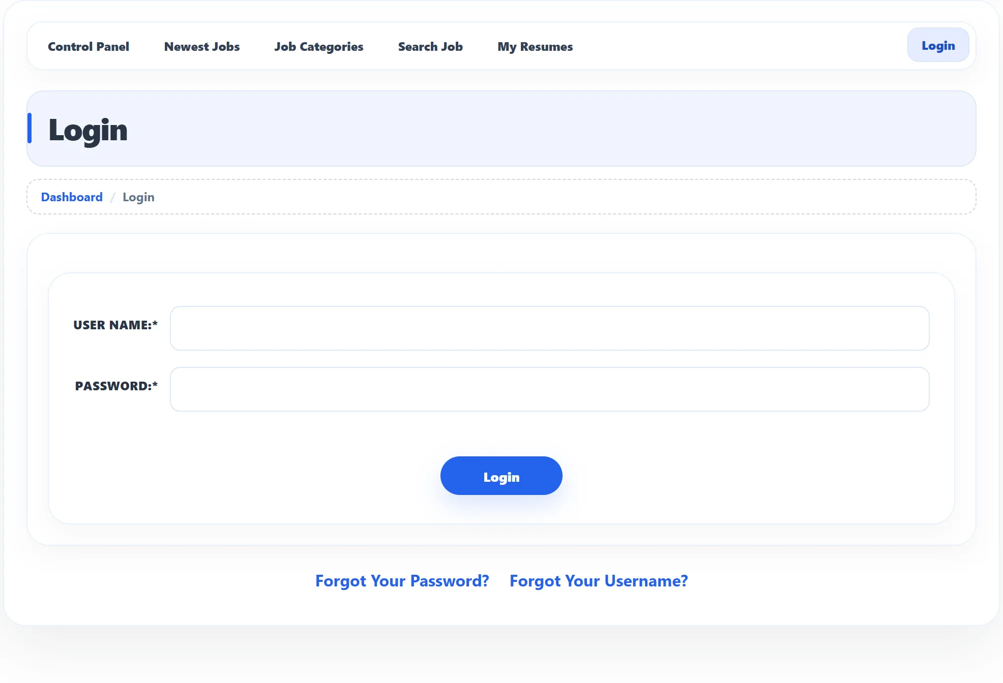 The JS Jobs Login page with the User Name and Password boxes, the Login button, and the Forgot Your Password? and Forgot Your Username? links.