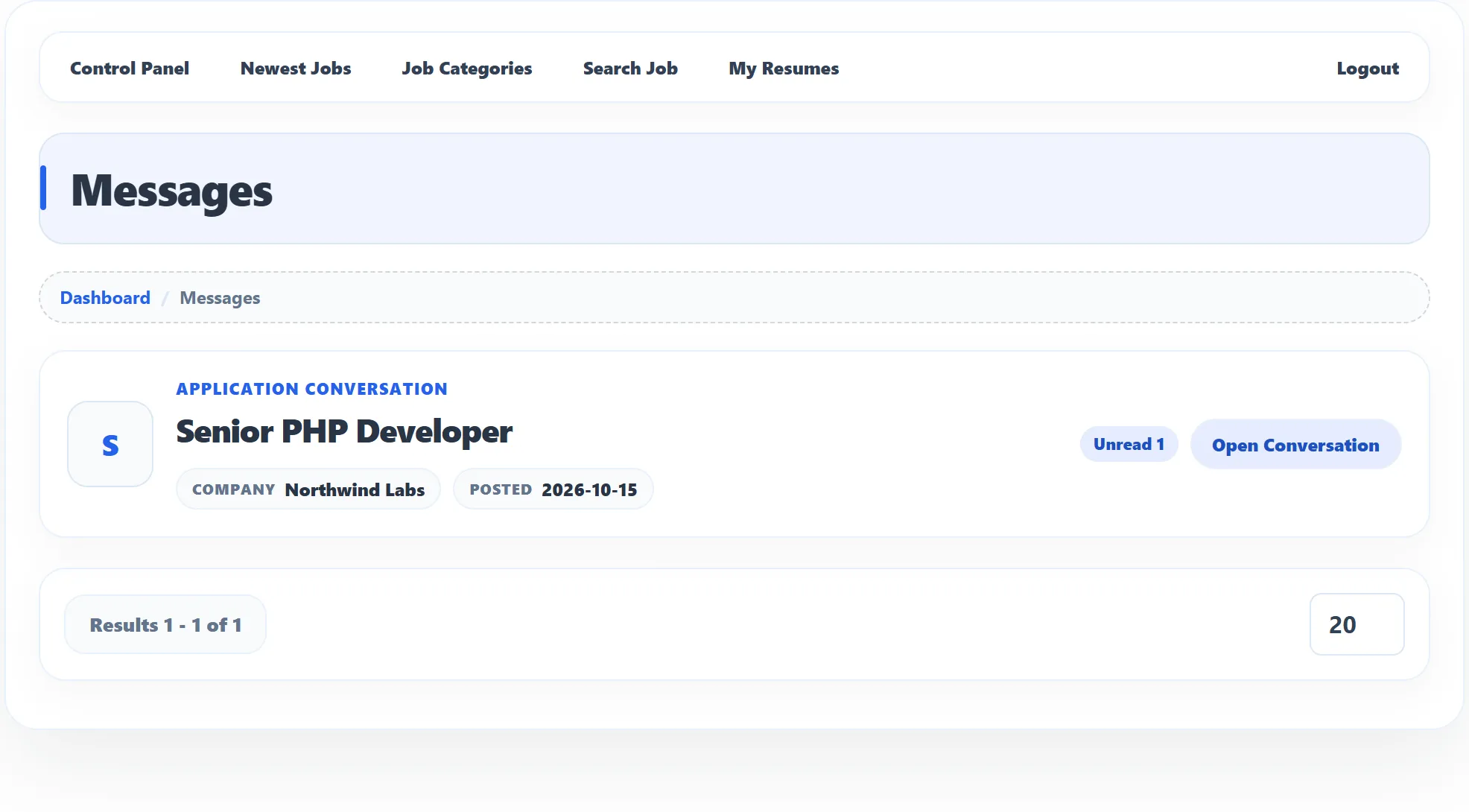 The Messages page with one conversation: Application conversation, Senior PHP Developer, the Company Northwind Labs, the Posted date, Unread 1, and the Open Conversation button.