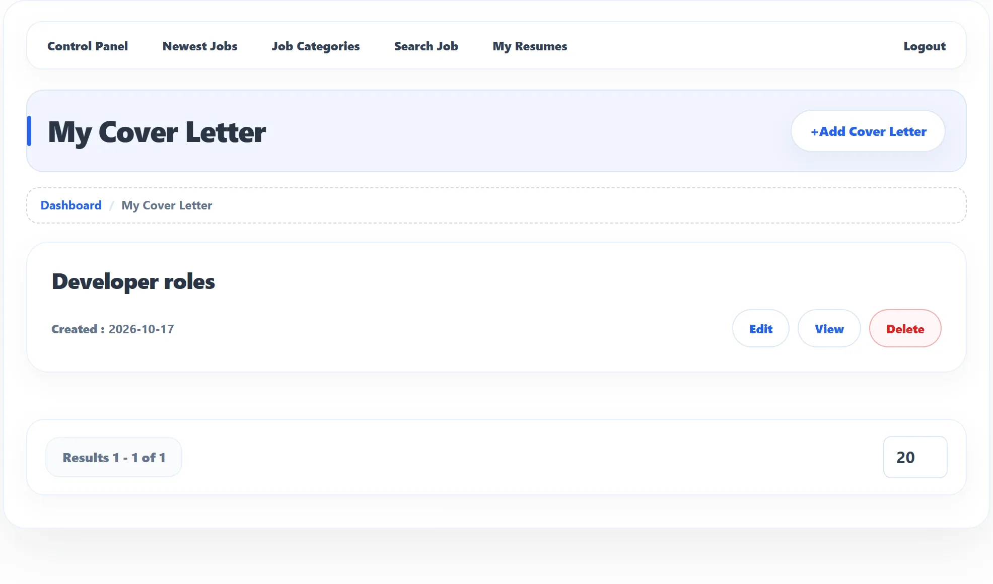 The My Cover Letter page with one letter, Developer roles, its creation date, and the Edit, View and Delete buttons.