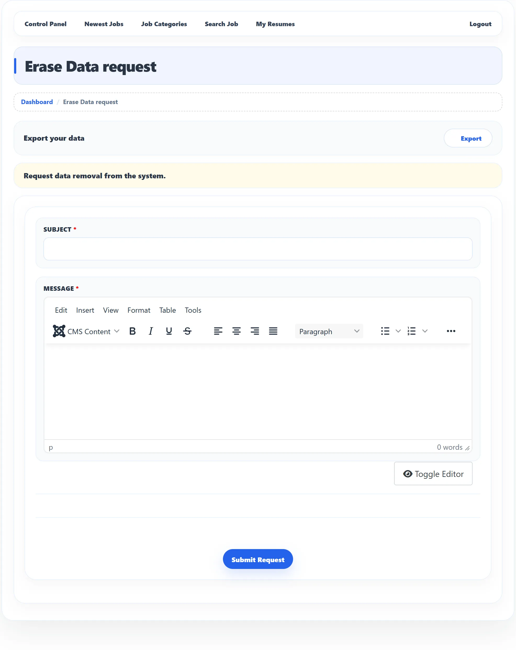 The Erase Data request page: Export your data with the Export button, the notice Request data removal from the system., and the form with Subject, the Message editor and the Submit Request button.
