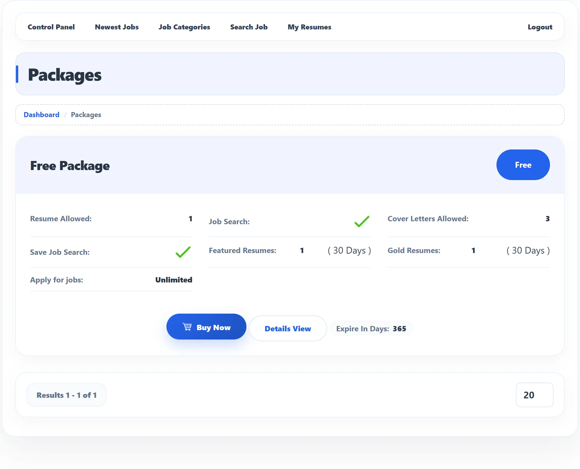 The Packages page with the Free Package: Resume Allowed 1, Job Search ticked, Cover Letters Allowed 3, Save Job Search ticked, Featured Resumes 1 (30 Days), Gold Resumes 1 (30 Days), Apply for jobs Unlimited, the Buy Now and Details View buttons and Expire In Days 365.