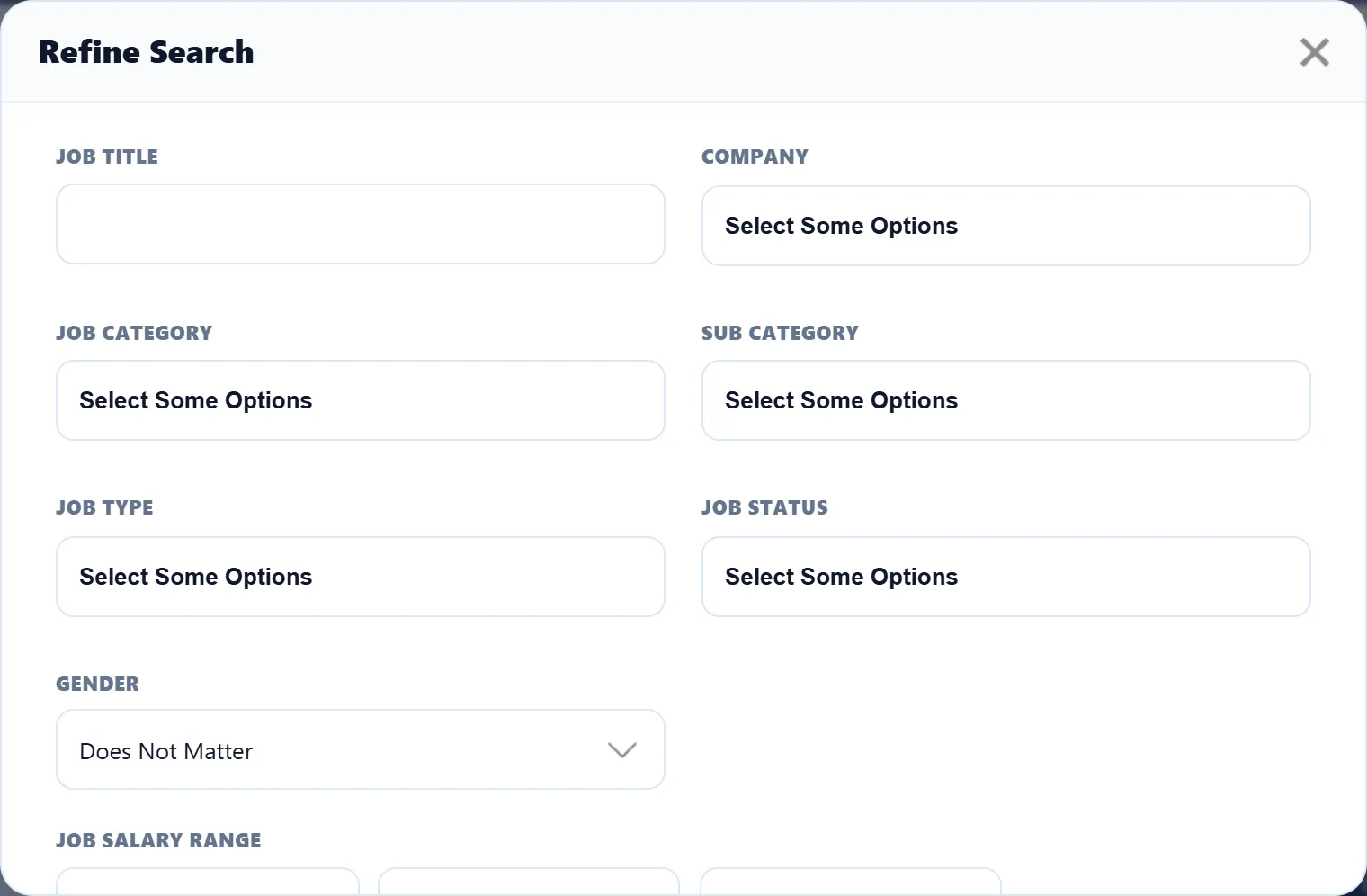 The Refine Search panel open over the job list, with Job Title, Company, Job Category, Sub Category, Job Type, Job Status and Gender visible.
