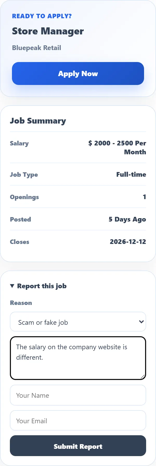 The Report this job panel open: the Reason list showing Scam or fake job, the details box, Your Name, Your Email and the Submit Report button.