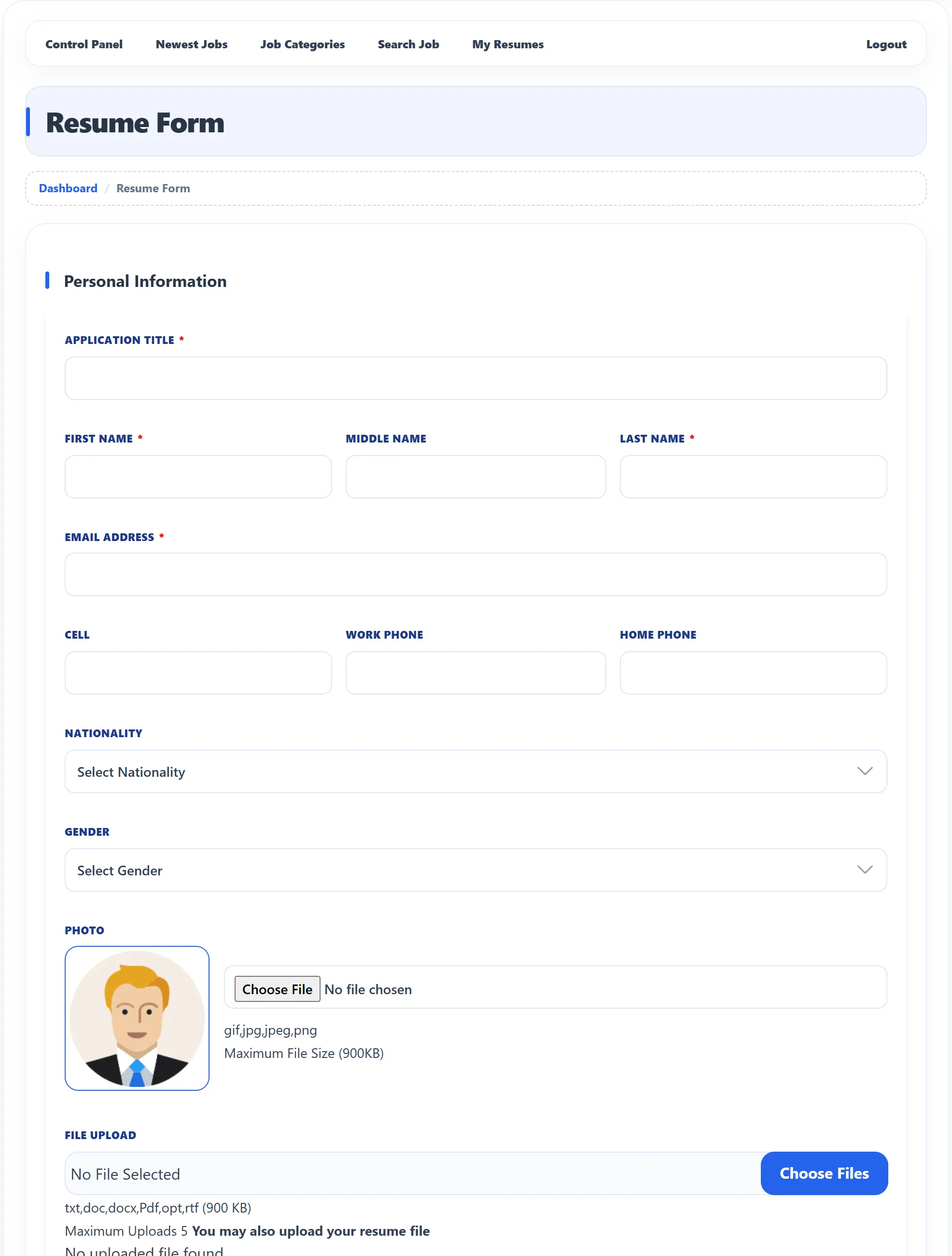 The top of the Resume Form for a new resume: the Personal Information section with Application Title, First Name, Middle Name, Last Name, Email Address, Cell, Work Phone, Home Phone, Nationality, Gender, Photo and File Upload.