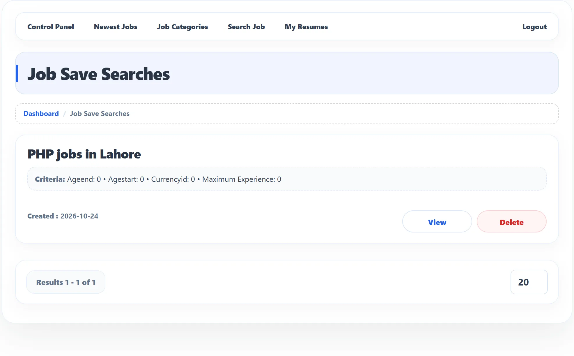 The Job Save Searches page with one saved search, PHP jobs in Lahore, its Criteria line, the Created date, the View and Delete buttons and the Results 1 - 1 of 1 footer.