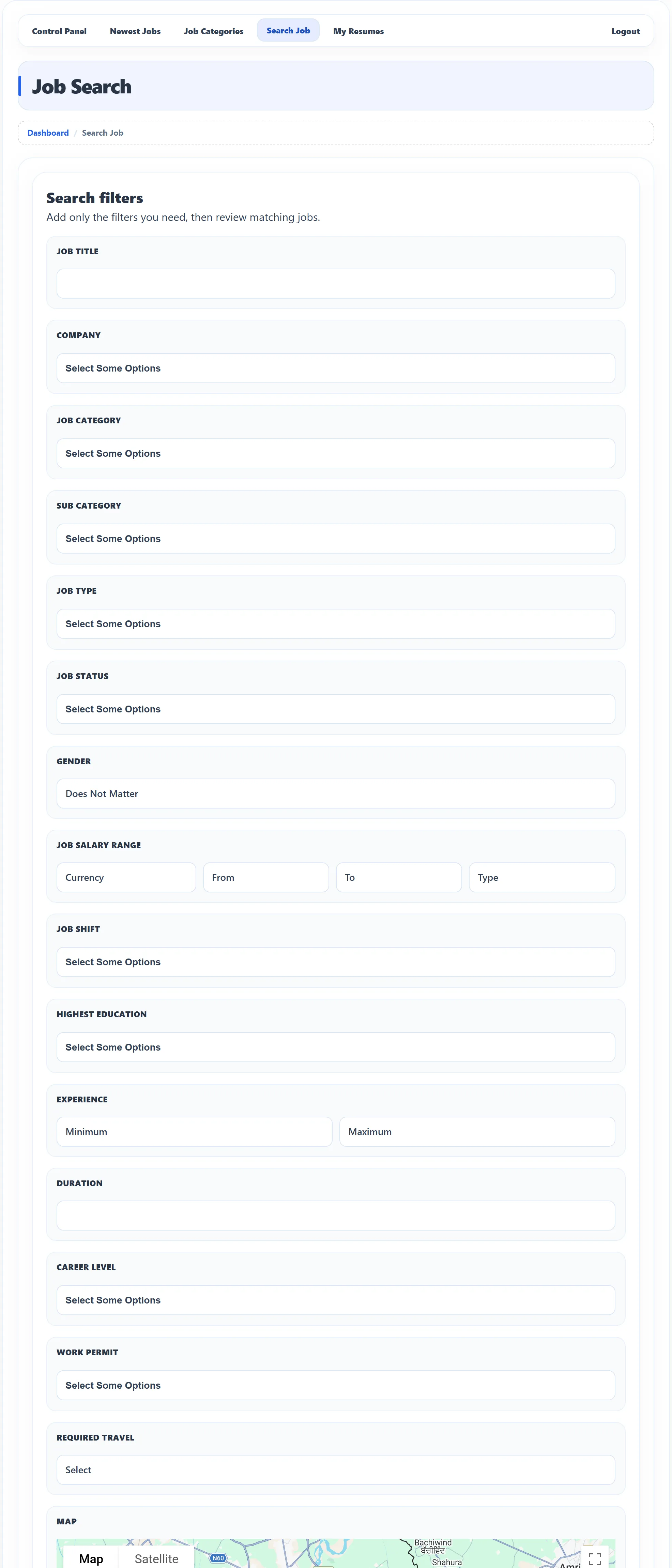 The top of the Job Search page: the Search filters panel with Job Title, Company, Job Category, Sub Category, Job Type, Job Status, Gender, Job Salary Range, Job Shift, Highest Education, Experience, Duration, Career Level, Work Permit and Required Travel, then the start of the Map.