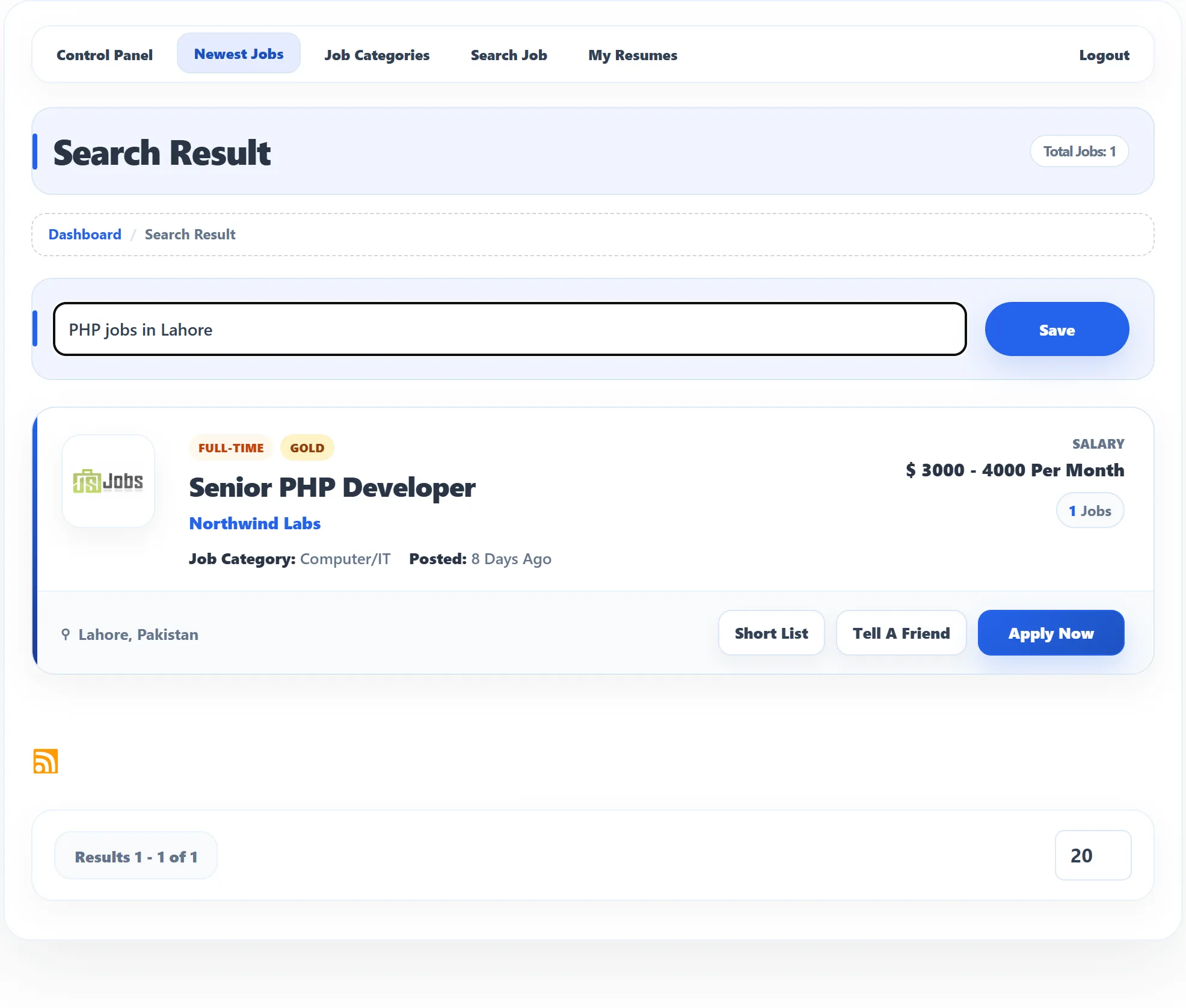 Search results for Maria Lopez with the Search Name box and the Save button above the matching jobs.
