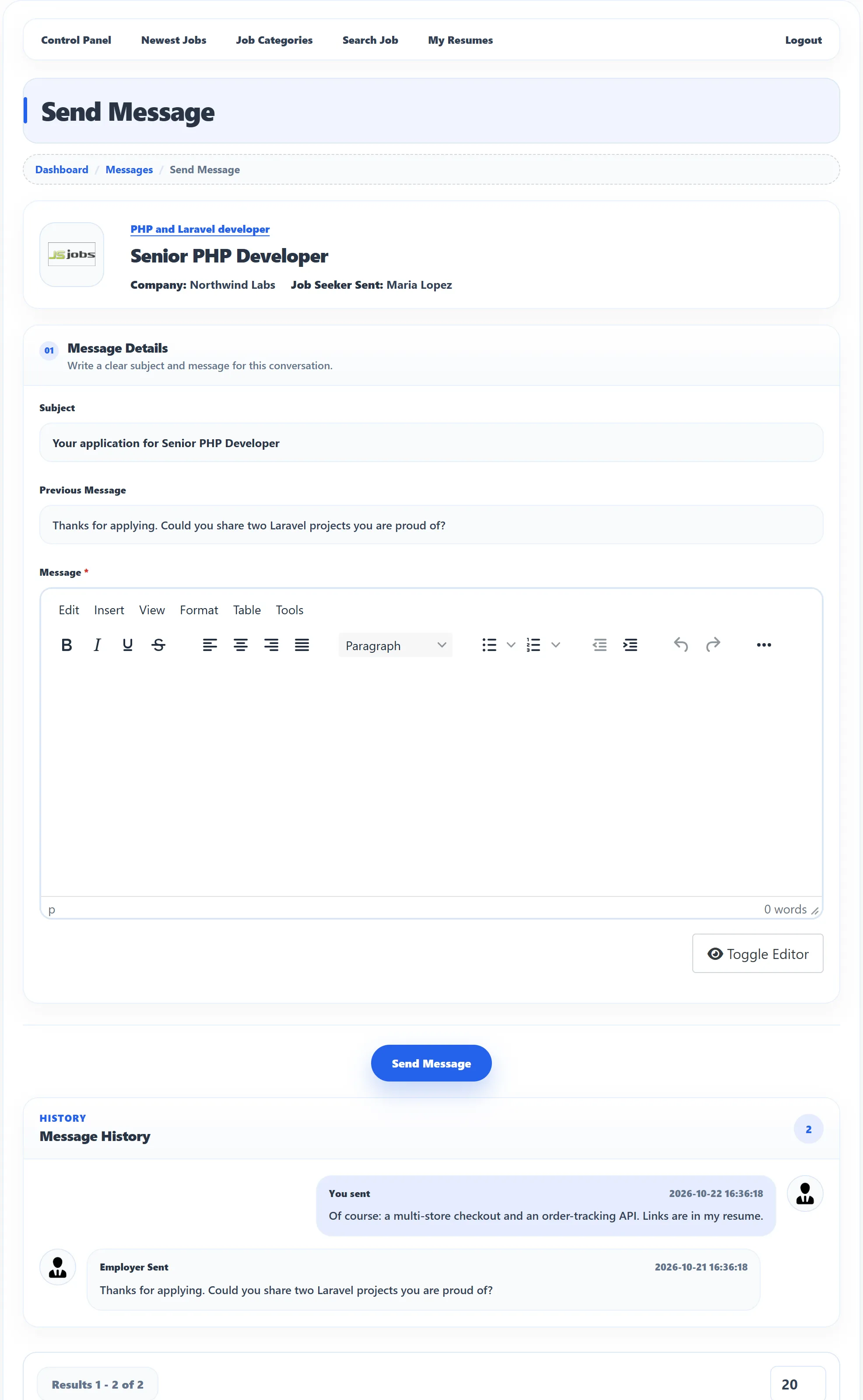 The Send Message page for Senior PHP Developer at Northwind Labs: the job and company at the top, Message Details with the Subject and Previous Message, the Message editor, the Send Message button and the Message History below.