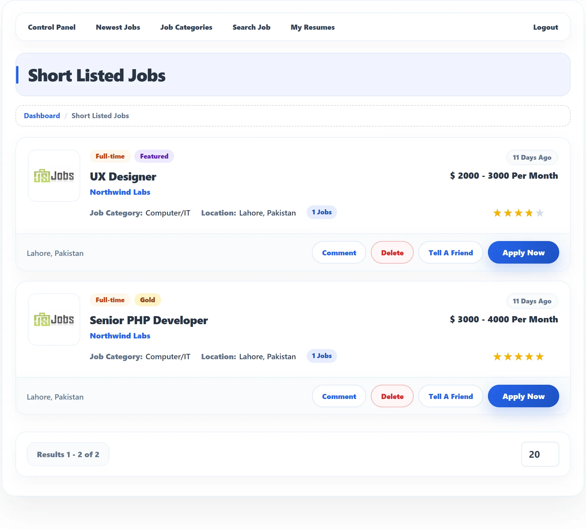 The Short Listed Jobs page for Maria Lopez with two jobs, Senior PHP Developer and UX Designer, each with its details, a star rating, and the Comment, Delete, Tell A Friend and Apply Now buttons.