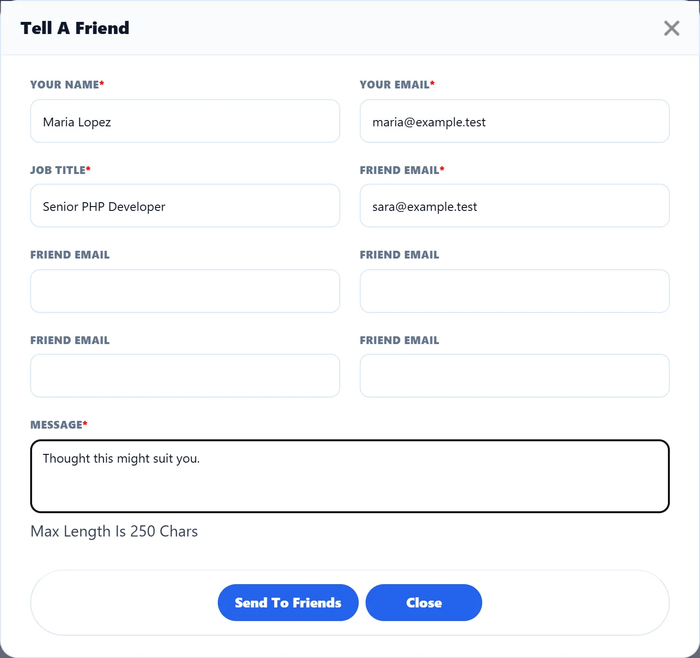 The Tell A Friend box for the Senior PHP Developer job: Your Name and Your Email filled in, Job Title, one Friend Email filled and four empty, the Message box with a short note, and the Send To Friends and Close buttons.
